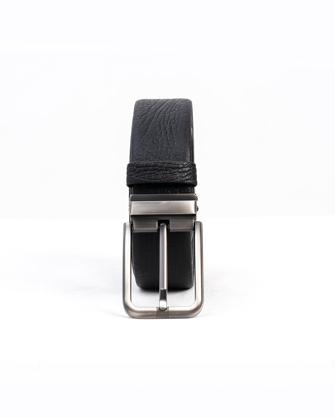 Men's Black Textured Belt with Brushed Silver-Tone Buckle