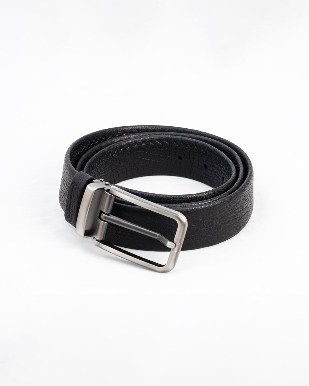 Men's Black Textured Belt with Brushed Silver-Tone Buckle