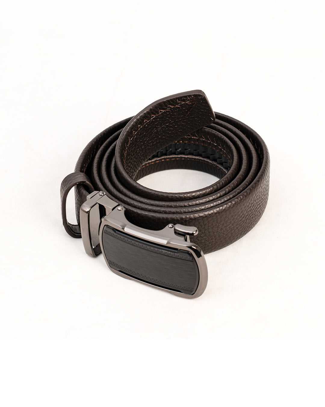Front view of textured belt with rectangular gunmetal-tone buckle