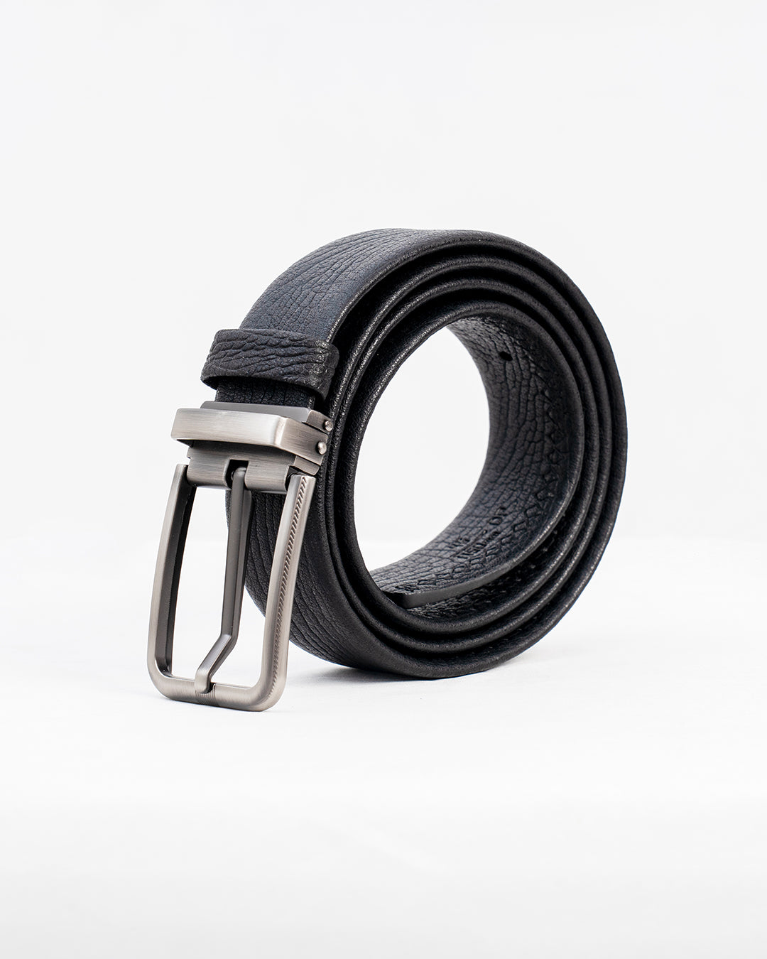 Men's Black Textured Belt with Brushed Silver-Tone Buckle