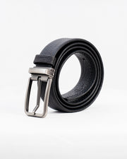 Men's Black Textured Belt with Brushed Silver-Tone Buckle
