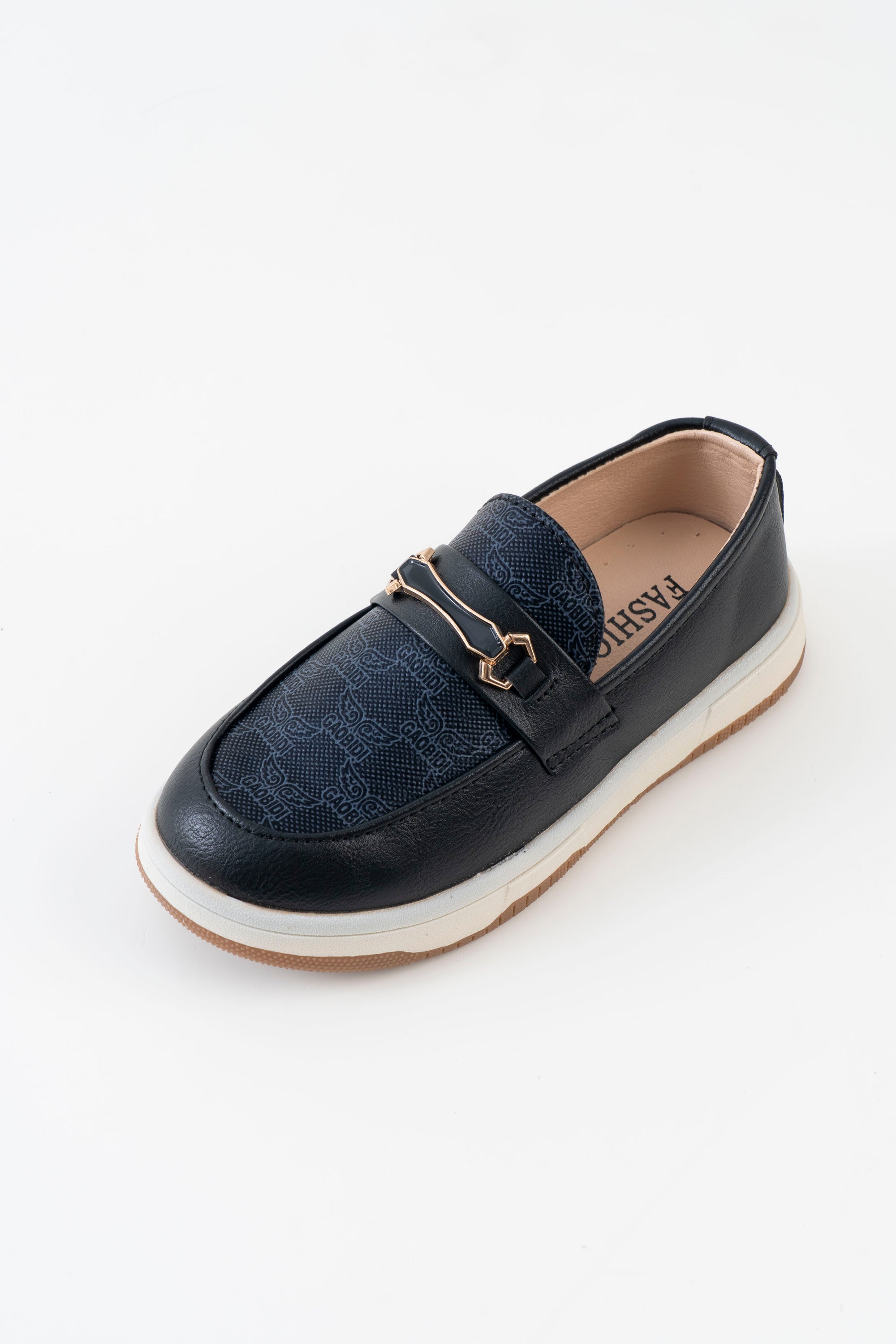 Monogram Print Horsebit Loafer Kids Boys - Black Navy