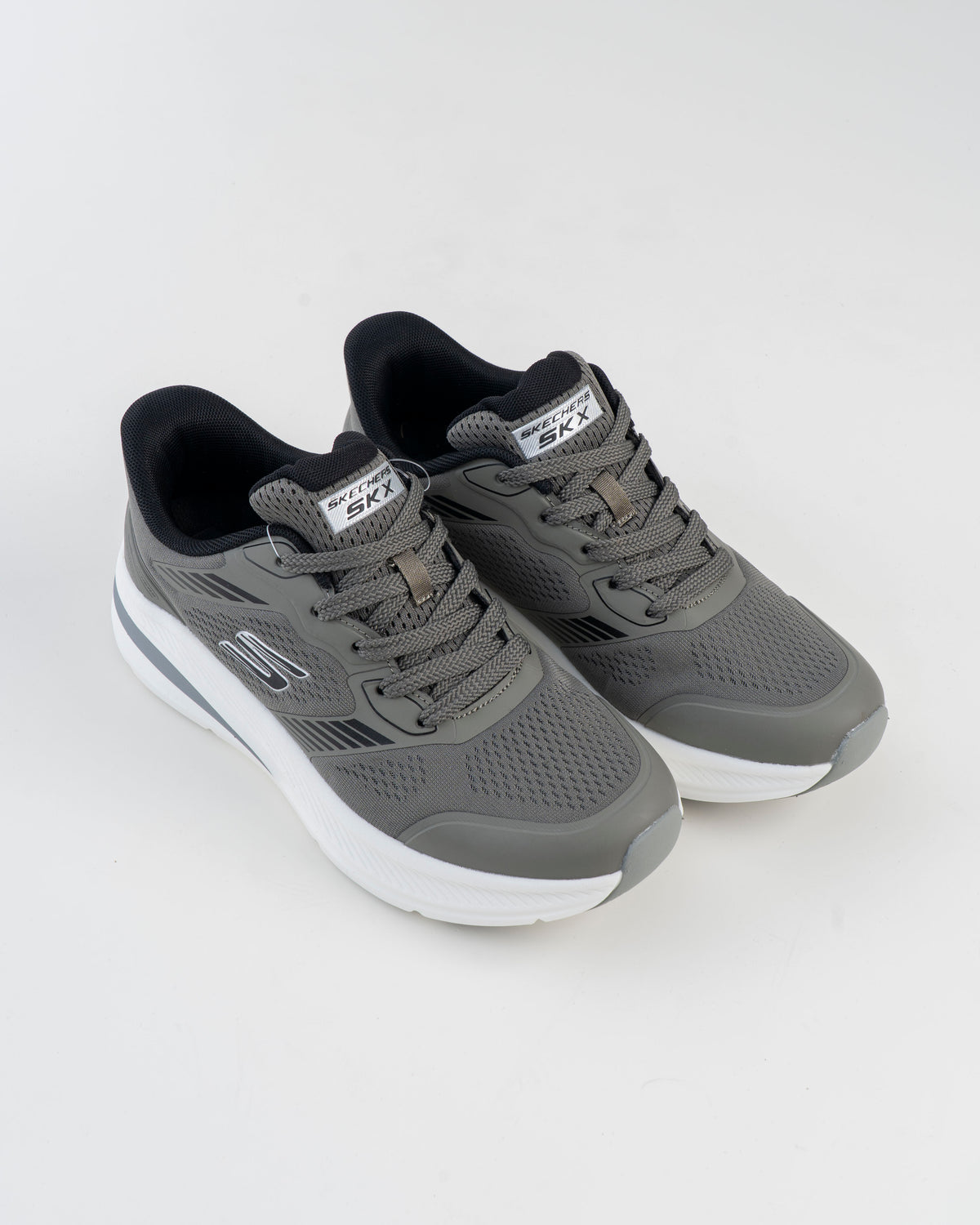 Men's Skechers charcoal grey sneakers showing patterned outsole