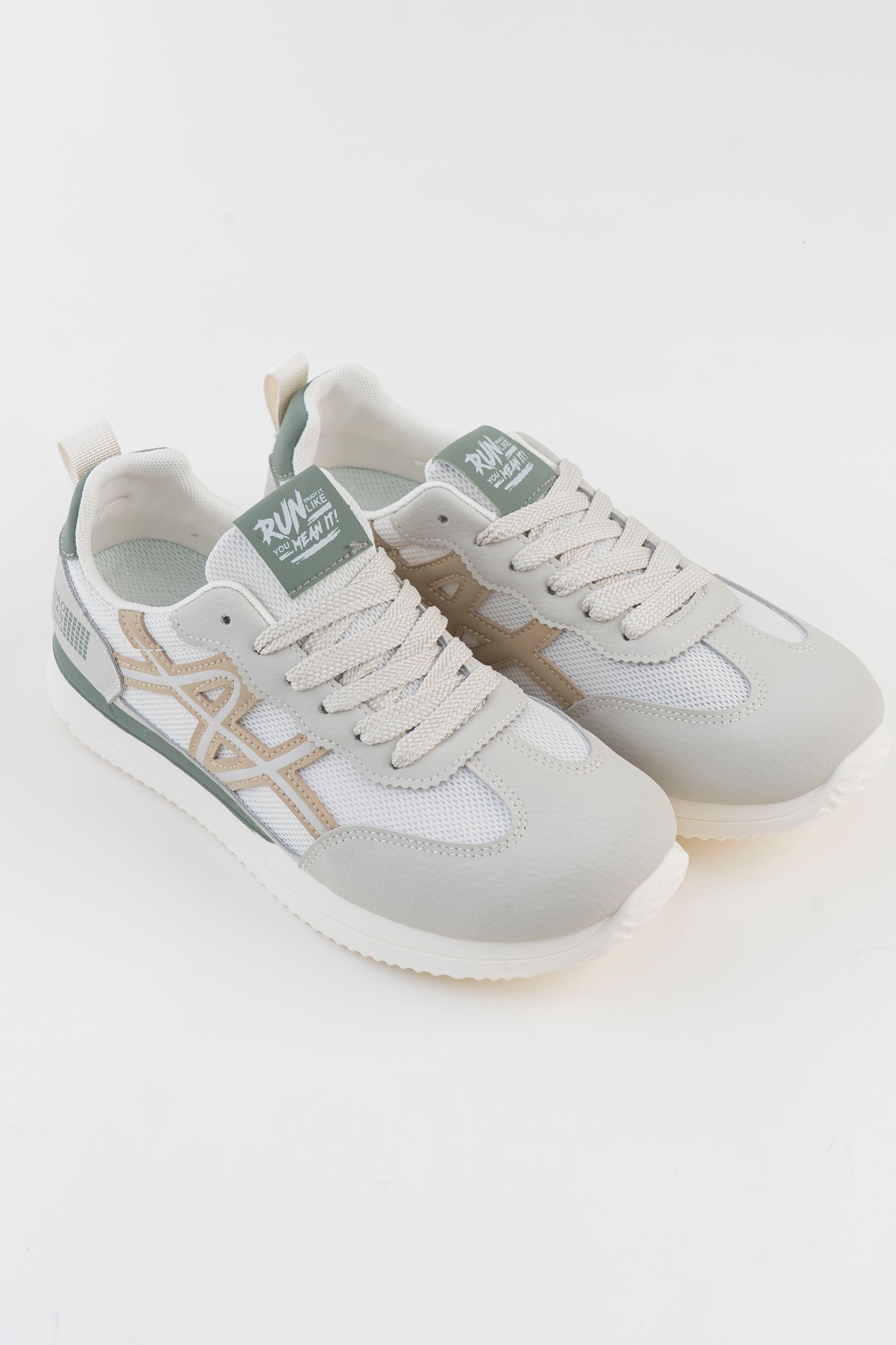 Men's White & Grey Sneakers with Beige Stripes
