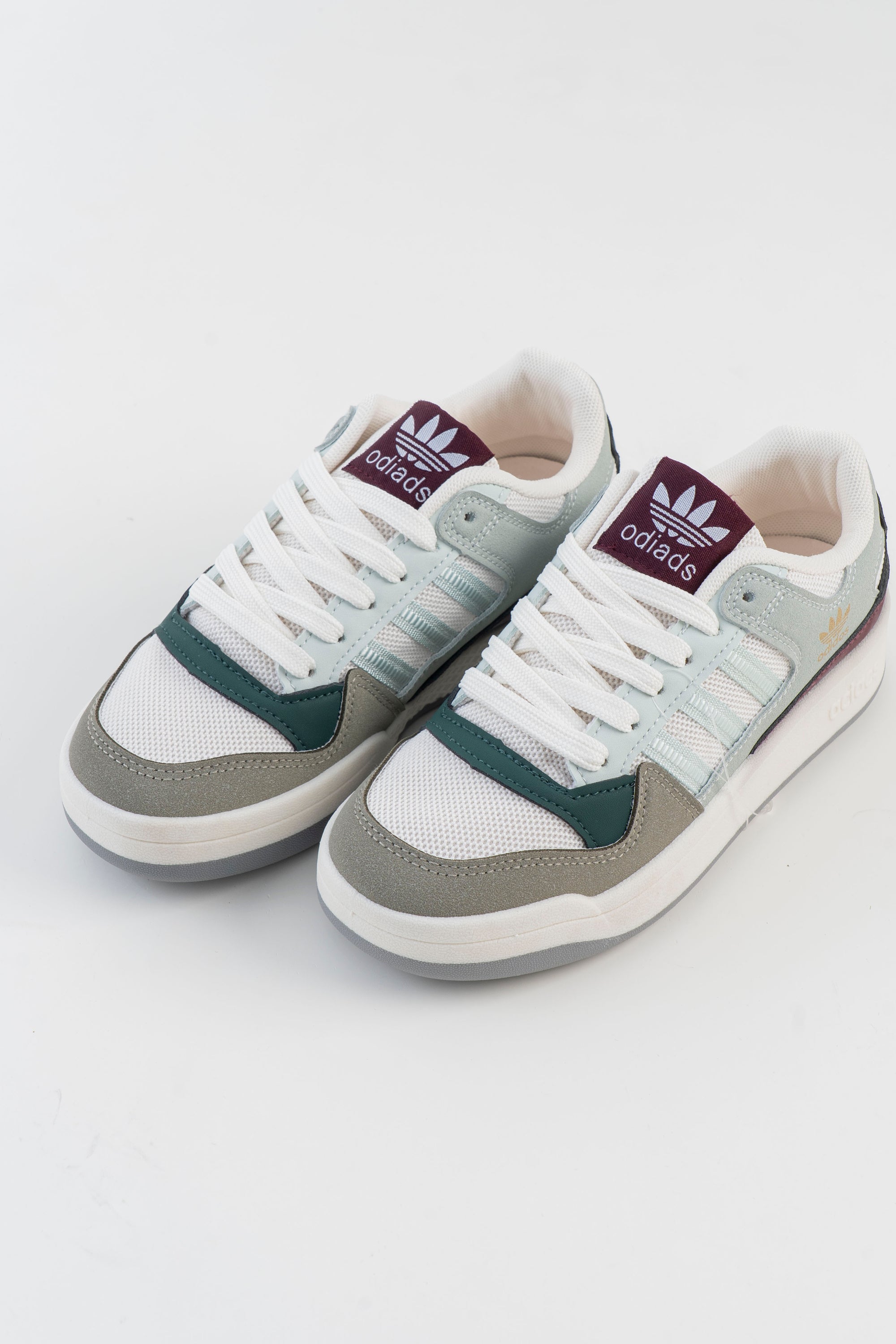 White & Grey Sneakers with Green and Burgundy Accents