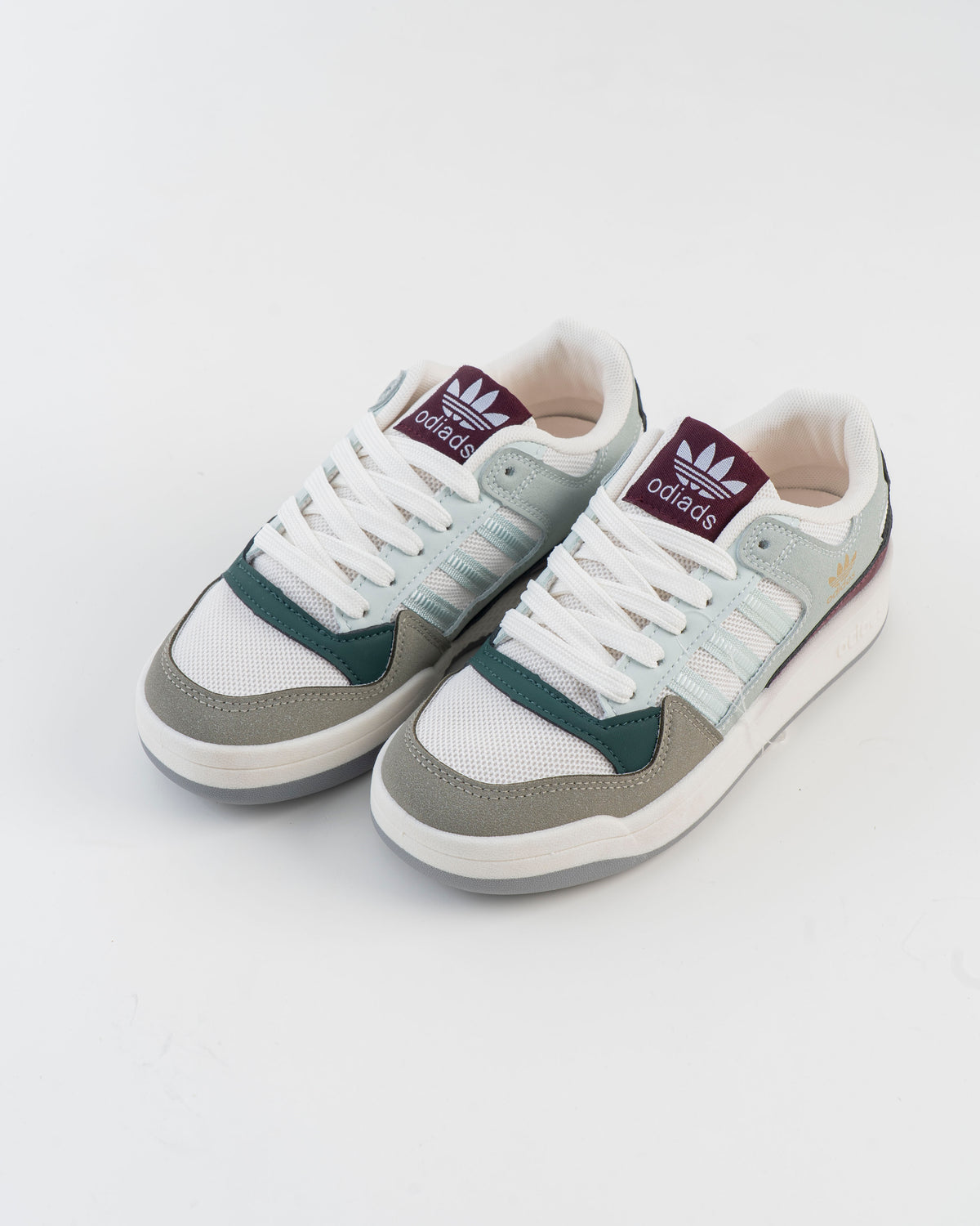 White & Grey Sneakers with Green and Burgundy Accents