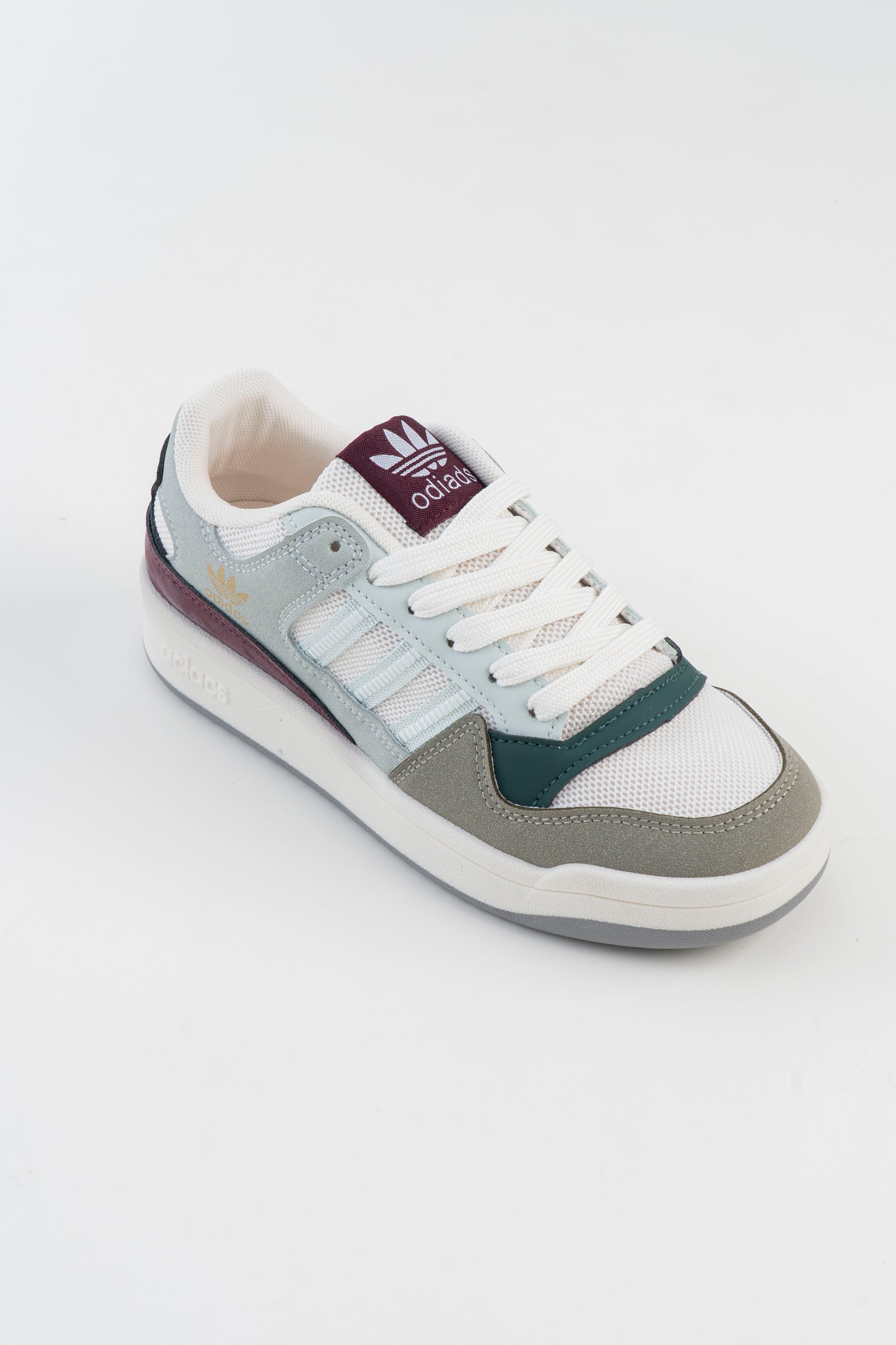 White & Grey Sneakers with Green and Burgundy Accents