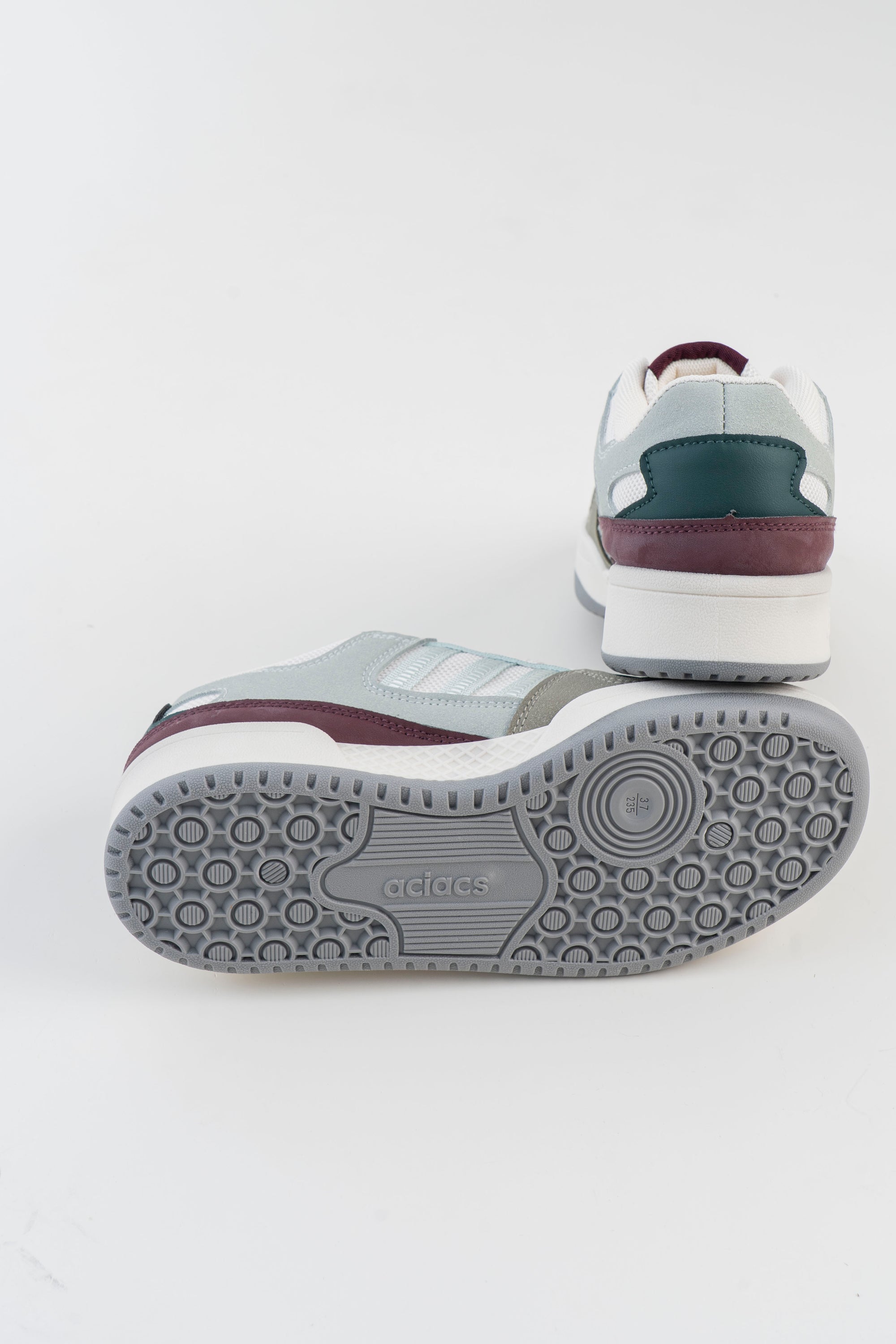 White & Grey Sneakers with Green and Burgundy Accents