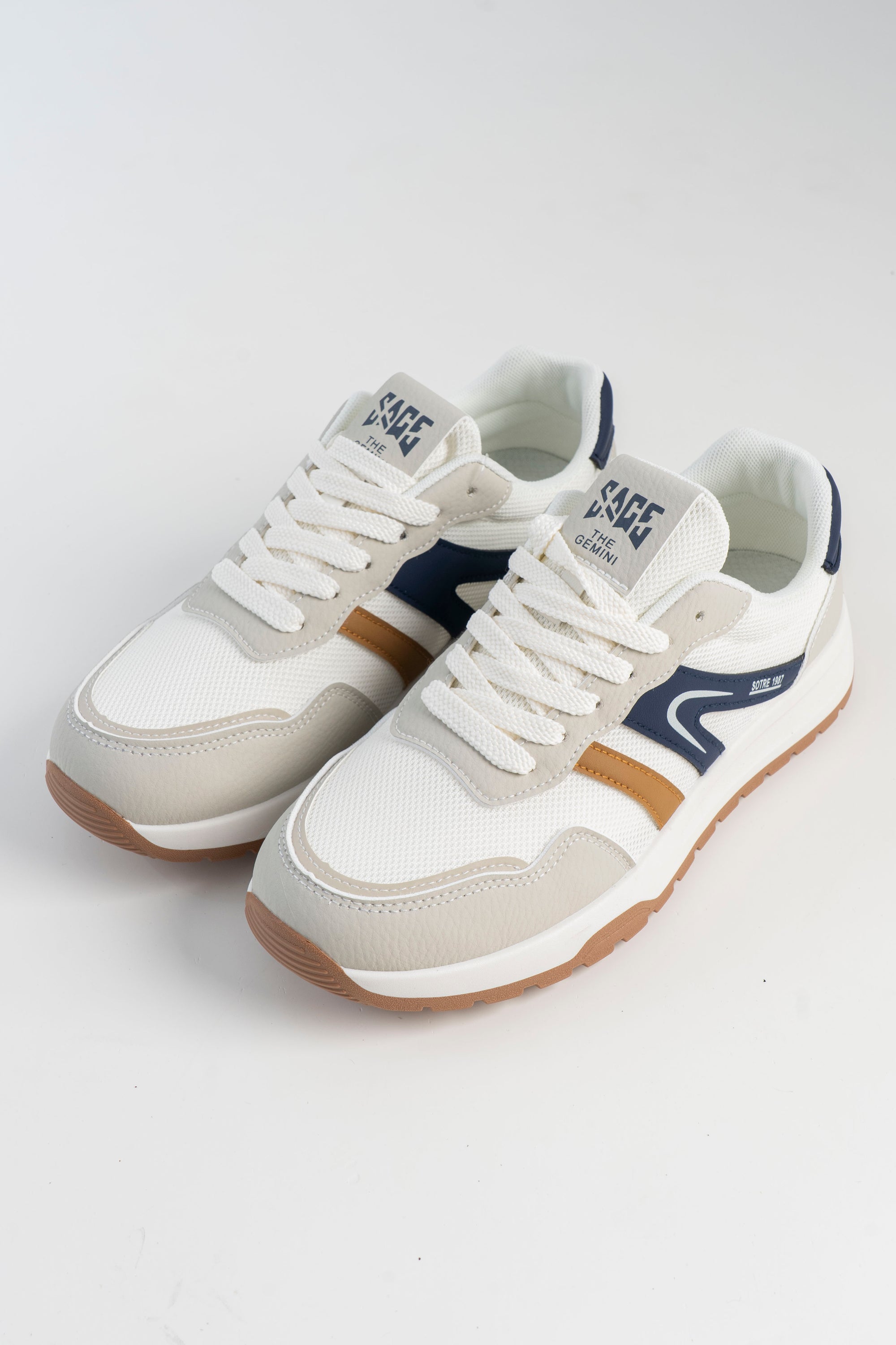 Men's Off-White Sneakers with Navy and Tan Accents