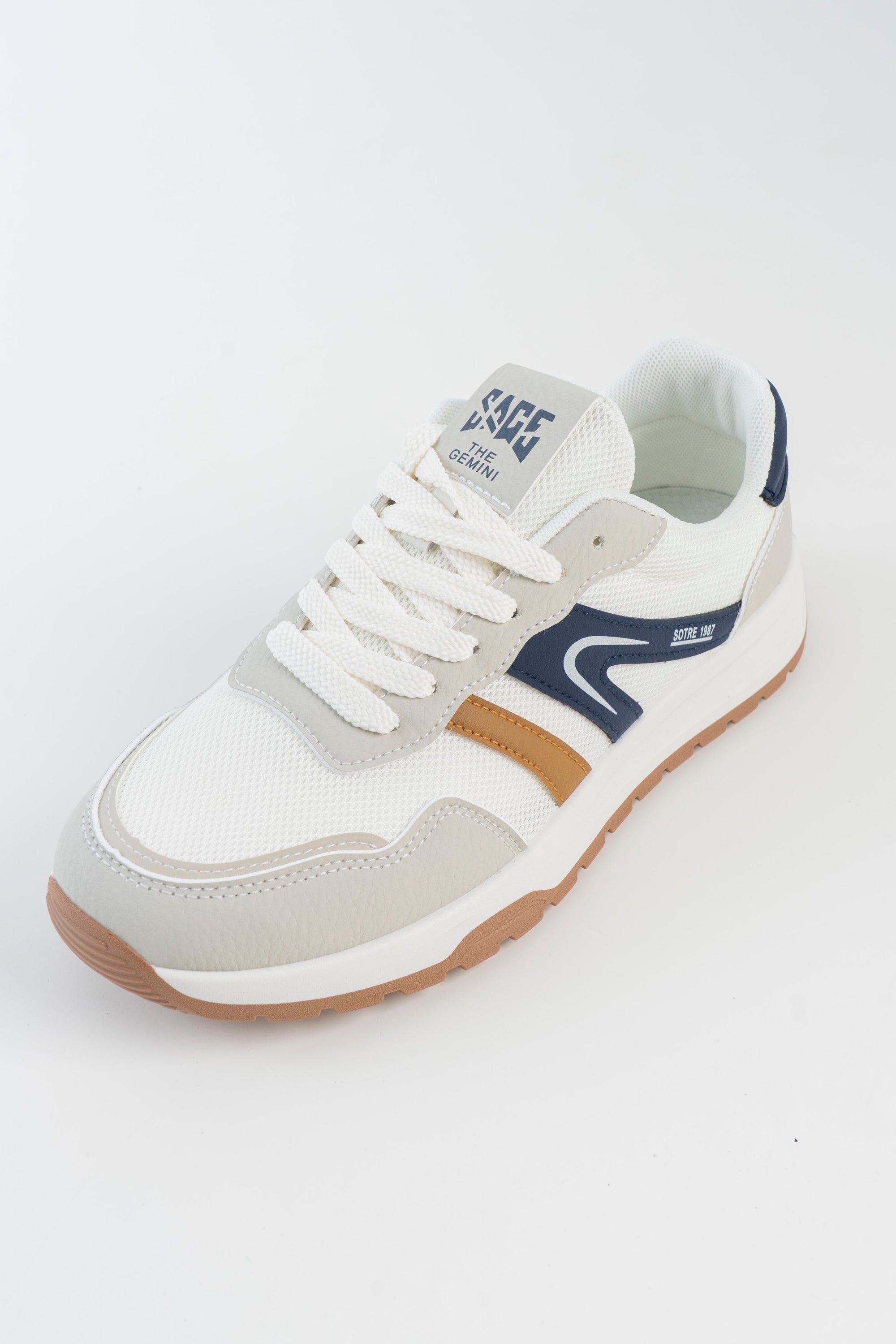 Men's Off-White Sneakers with Navy and Tan Accents