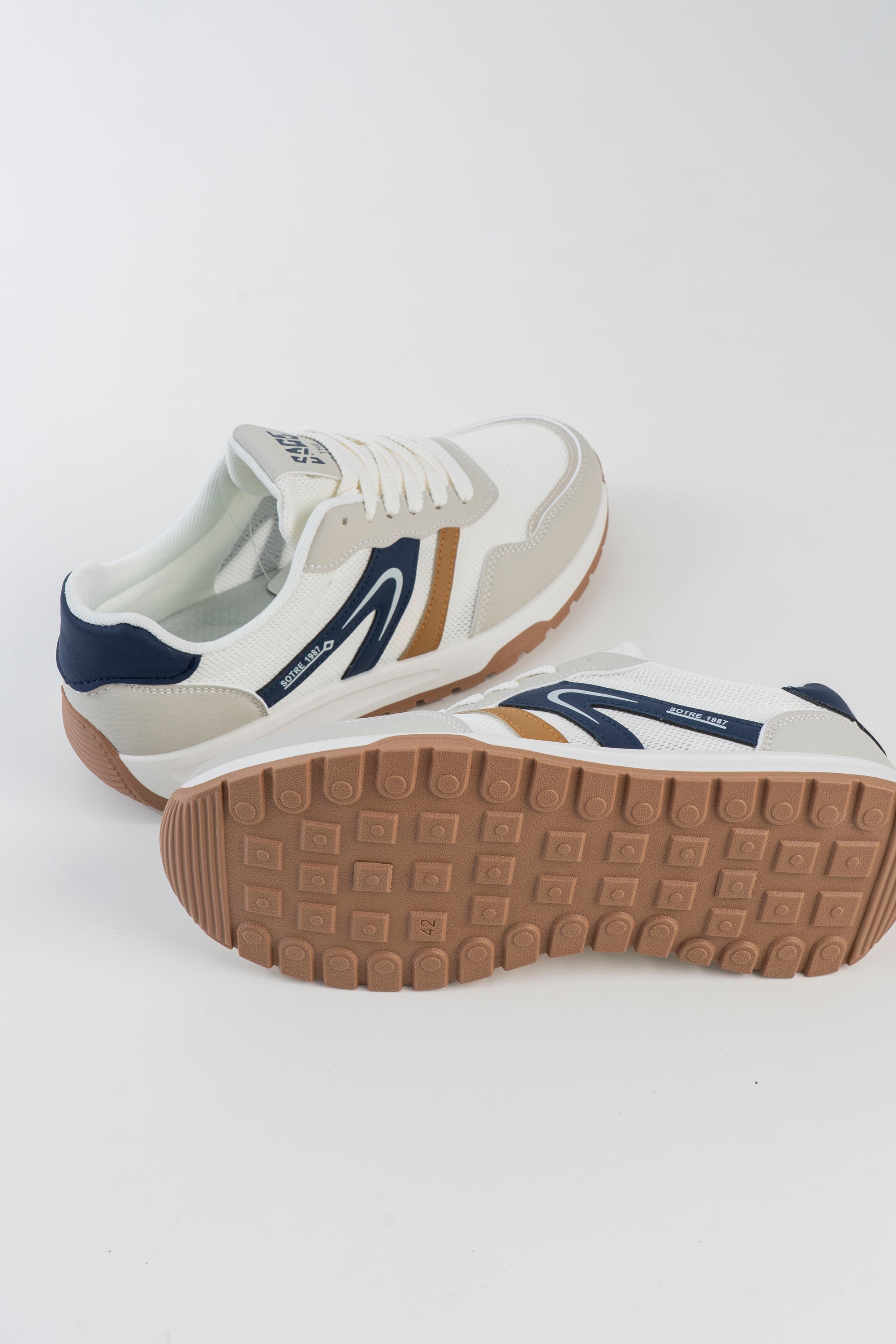Men's Off-White Sneakers with Navy and Tan Accents