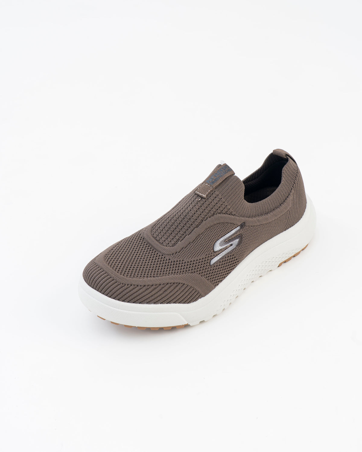 Front side view of taupe Skechers slip-on sneaker