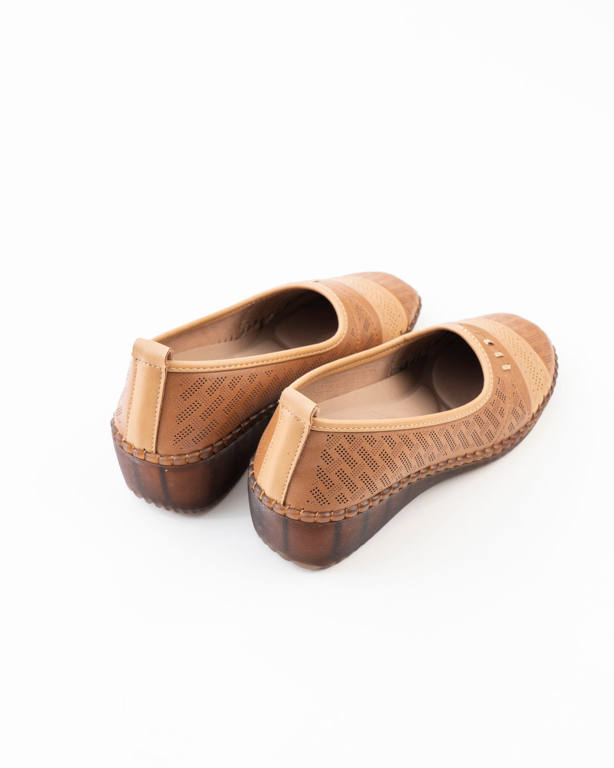 Women's Perforated Slip-On Wedge Shoes - Camel