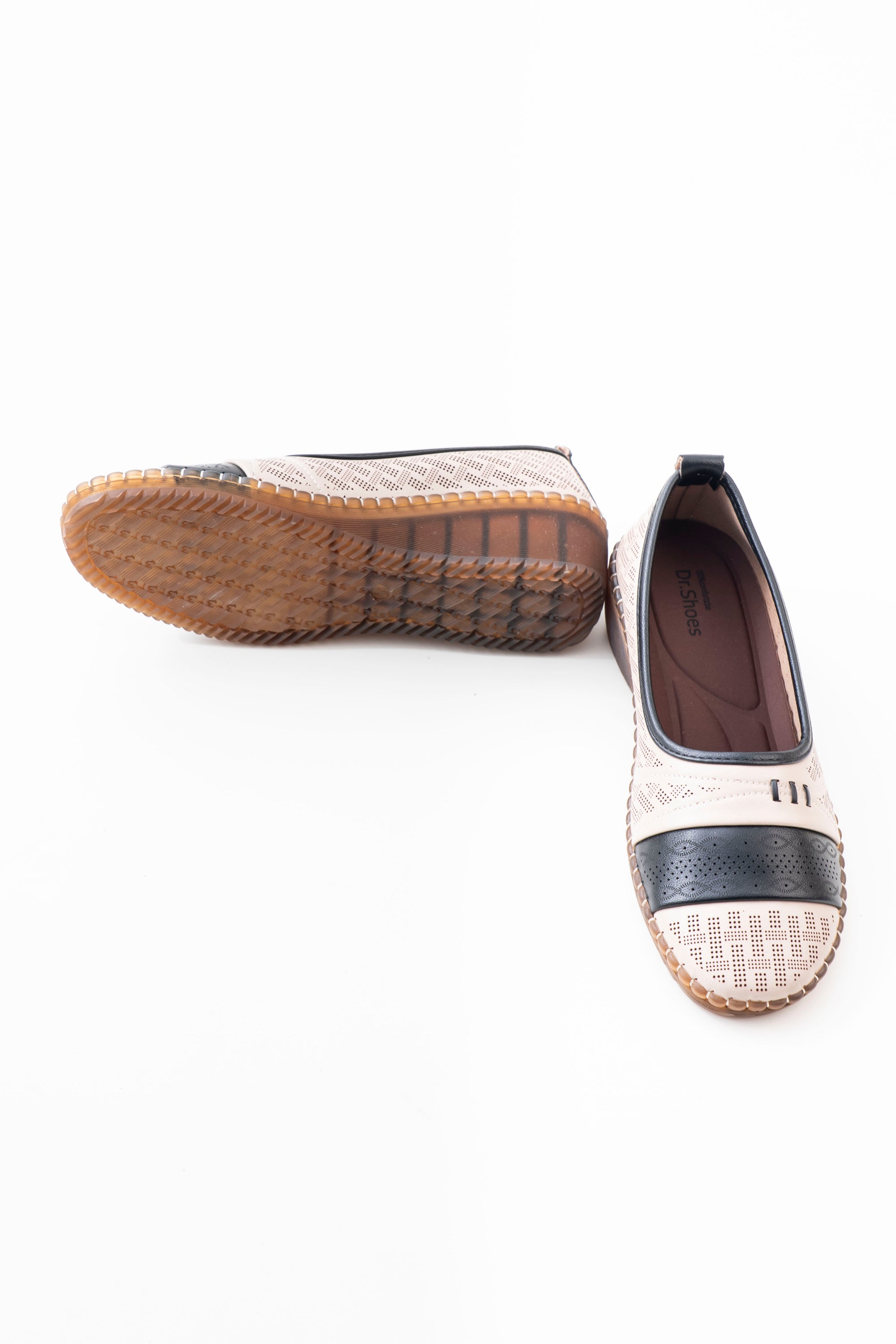 Women's Perforated Slip-On Wedge Shoes - Cream & Black
