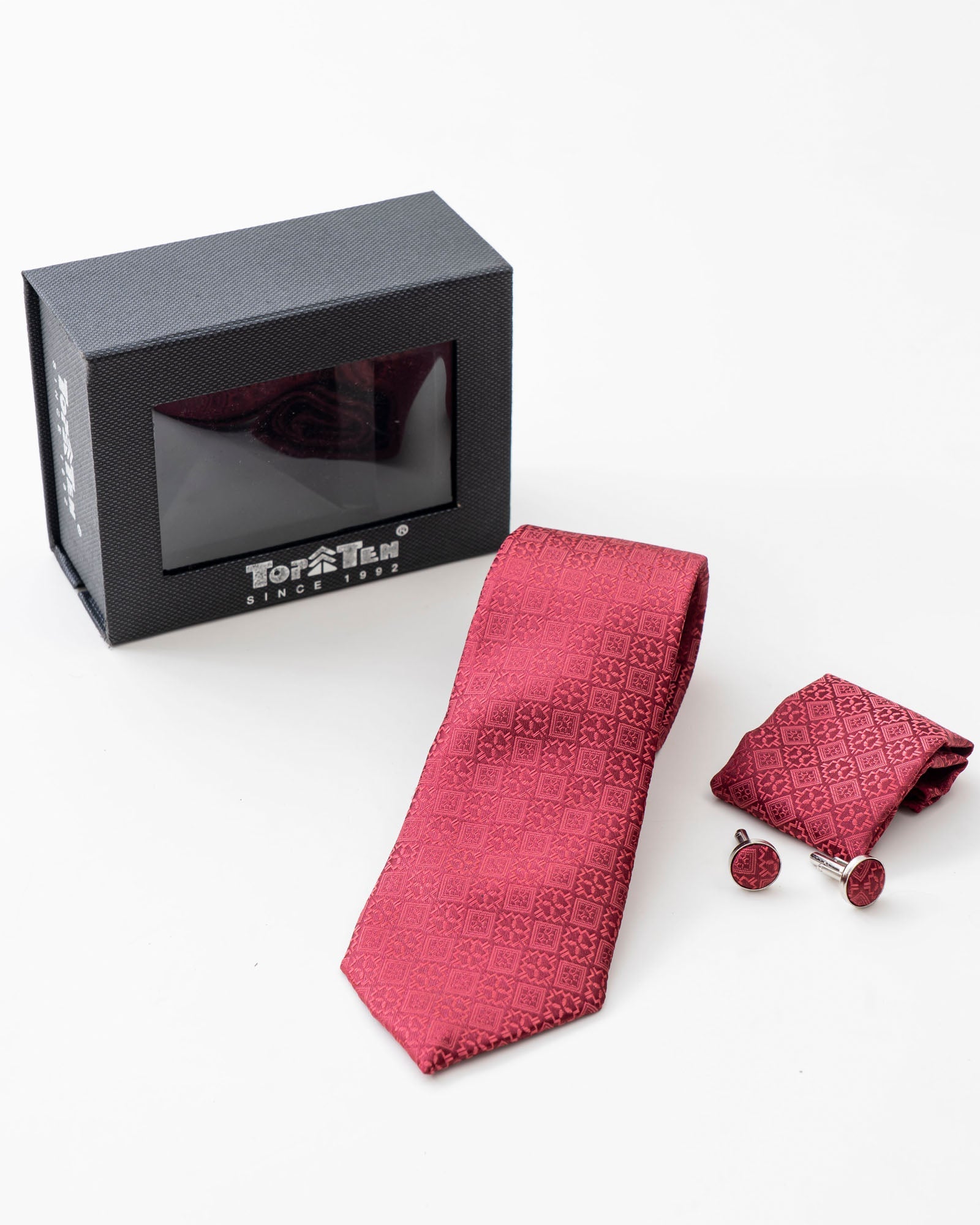 Pink Geometric Patterned Tie Set