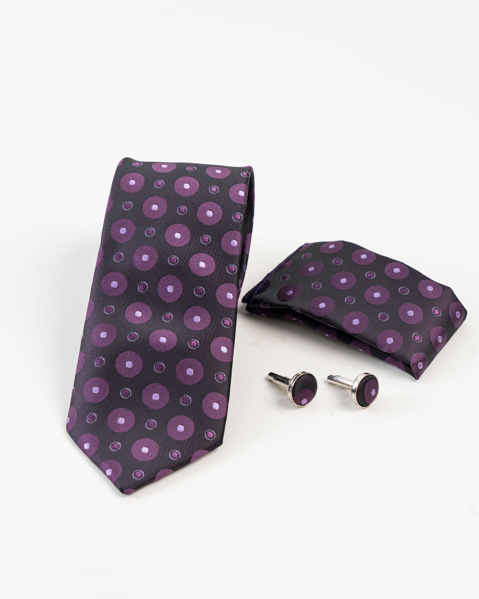 Black & Purple Circular Patterned Tie Set