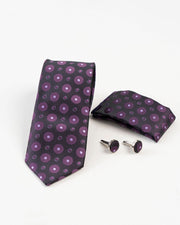 Black & Purple Circular Patterned Tie Set
