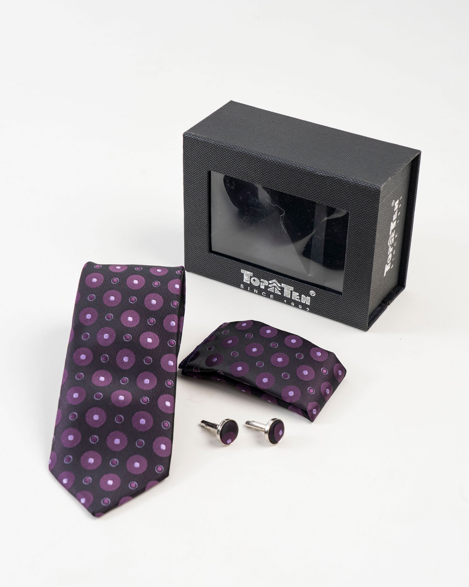 Black & Purple Circular Patterned Tie Set