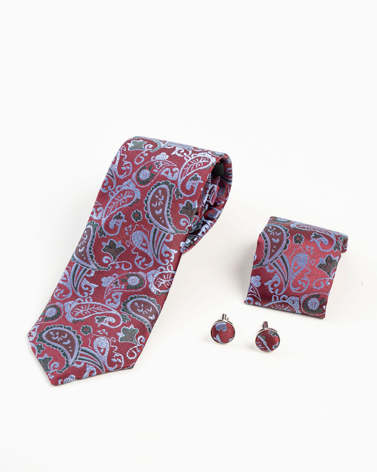 Reverse detail of maroon paisley patterned tie