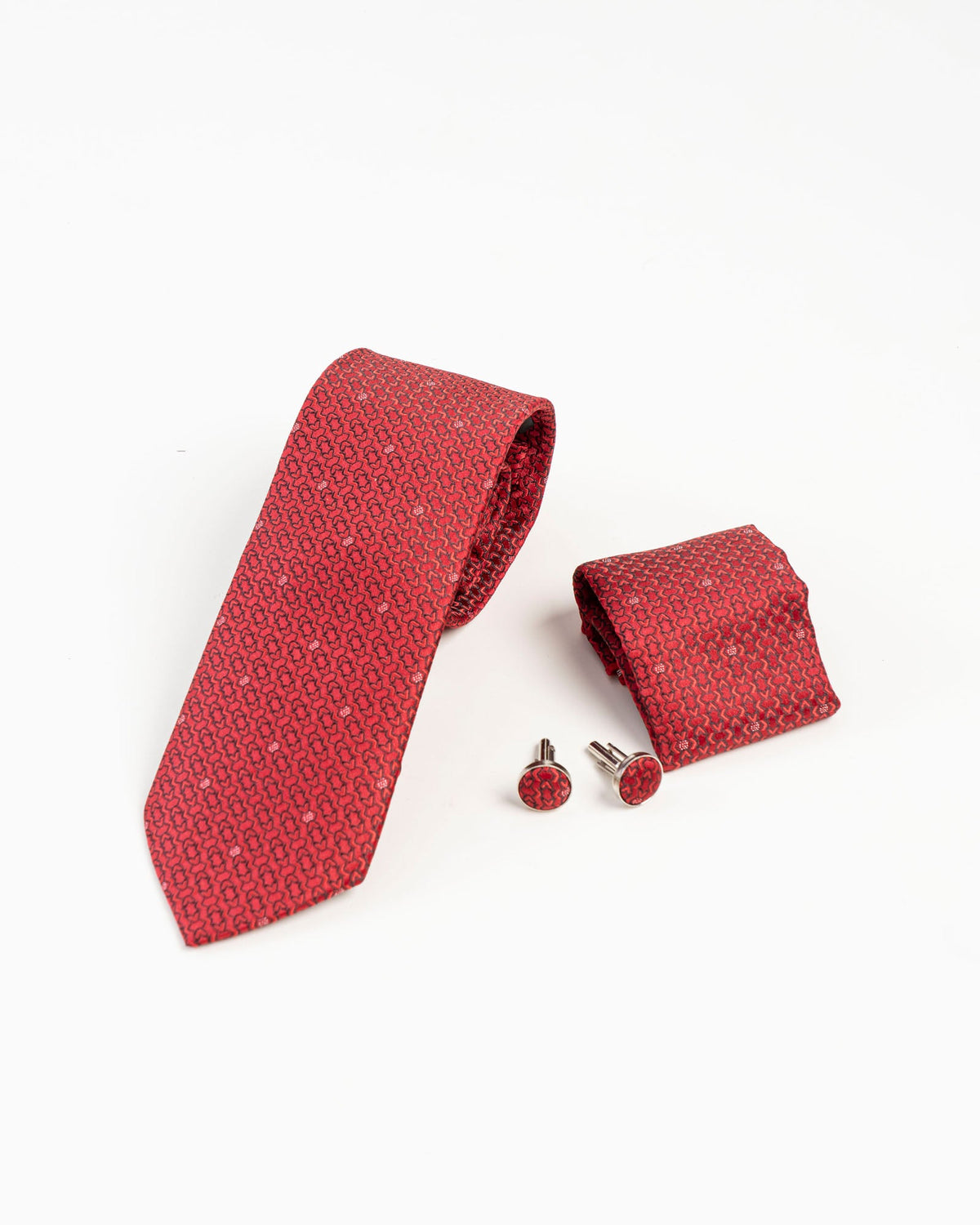 Red textured patterned tie set with matching pocket square and cufflinks