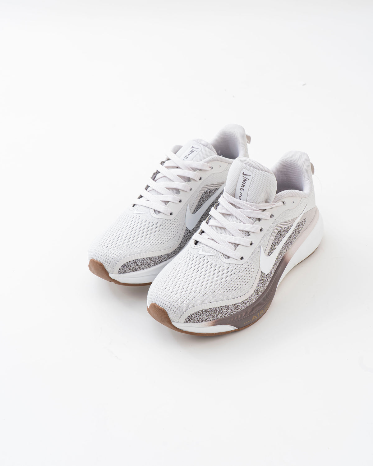 Men's White & Grey Mesh Lace-Up Sneakers with Brown Accents
