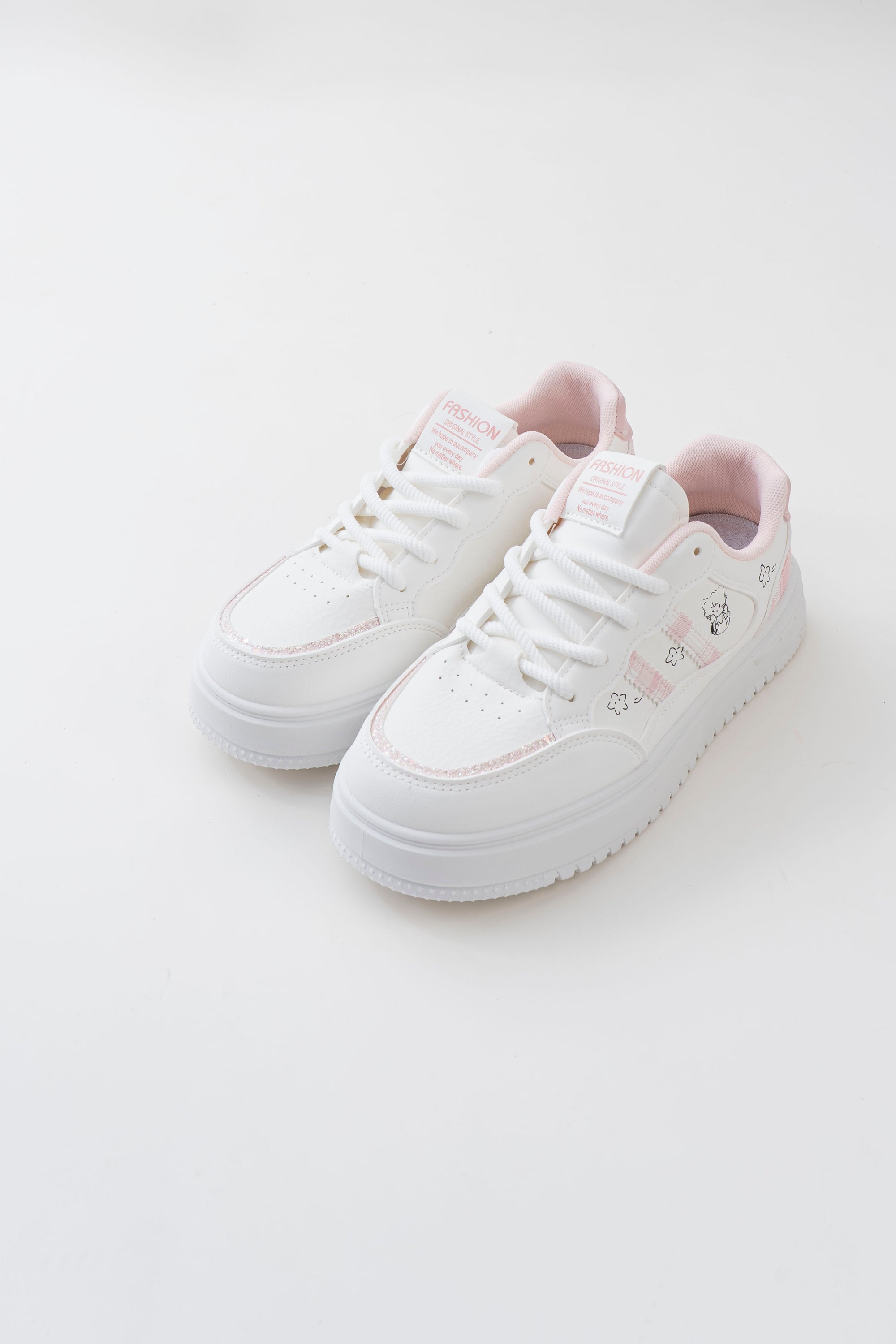 Women's White & Pink Platform Sneakers with Character Prints