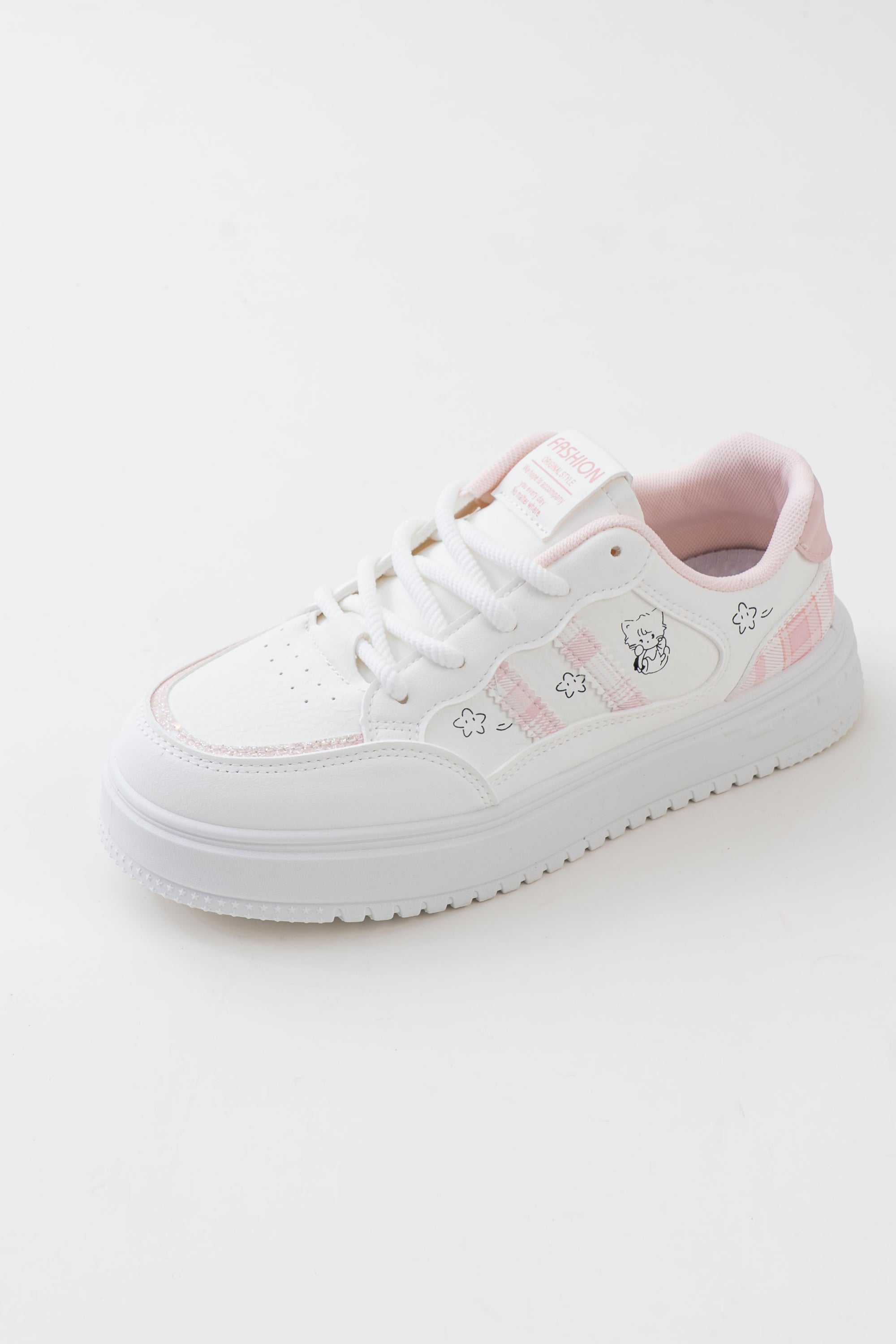 Women's White & Pink Platform Sneakers with Character Prints