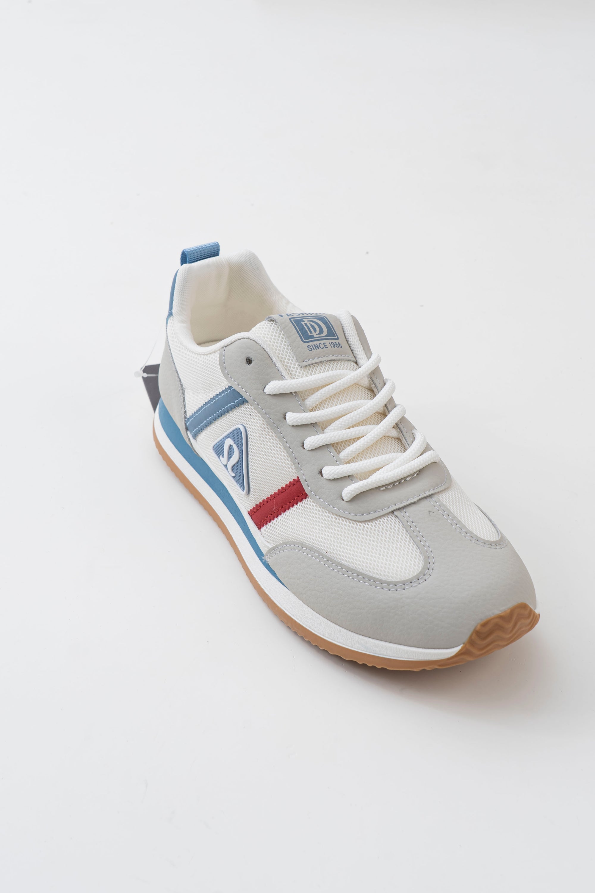 Men's White & Grey Retro Sneakers with Blue & Red Accents
