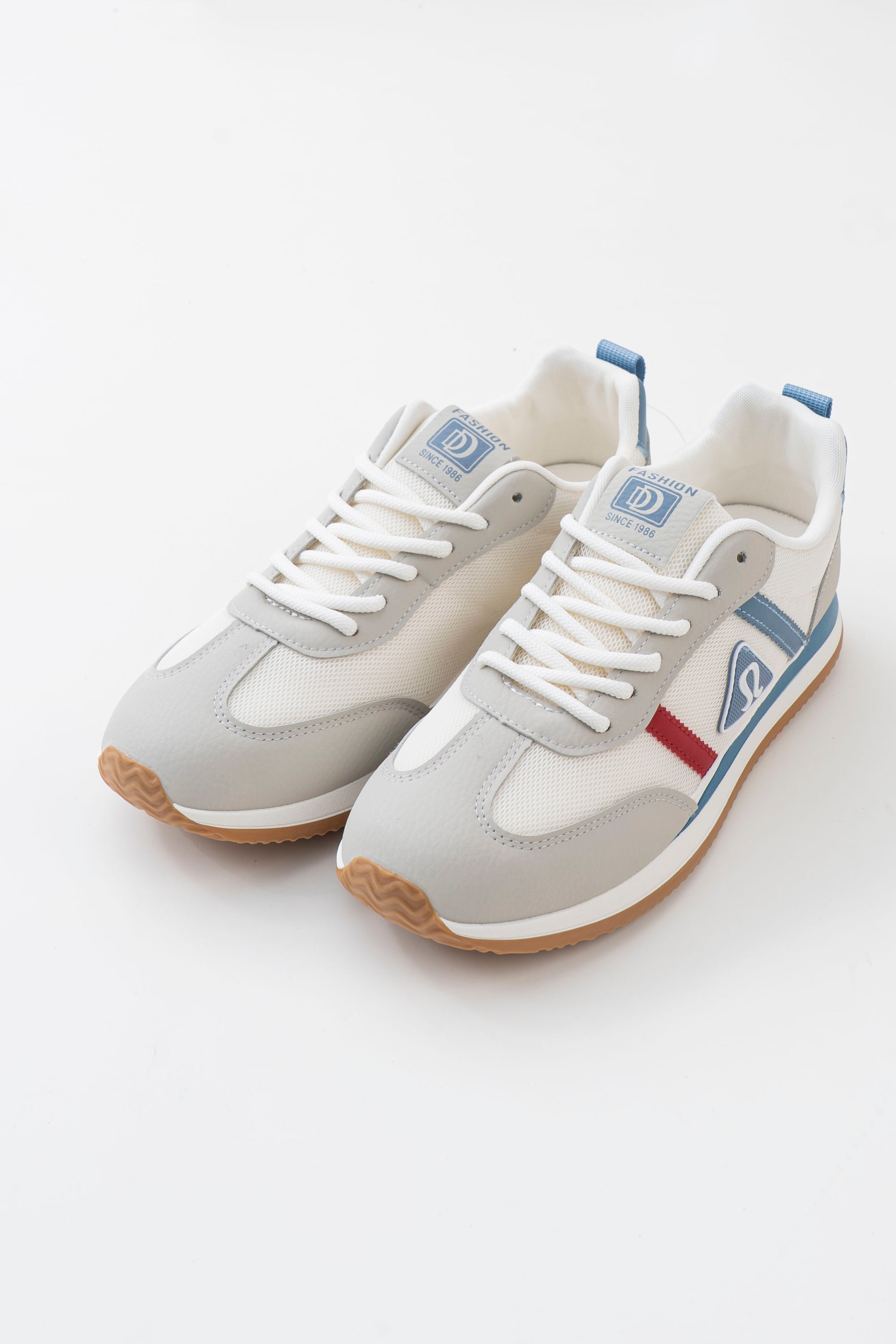 Men's White & Grey Retro Sneakers with Blue & Red Accents