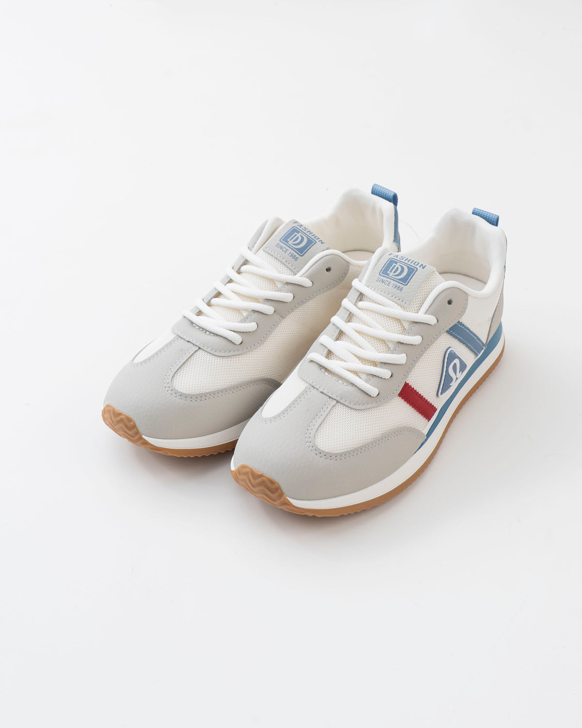 Men's White & Grey Retro Sneakers with Blue & Red Accents