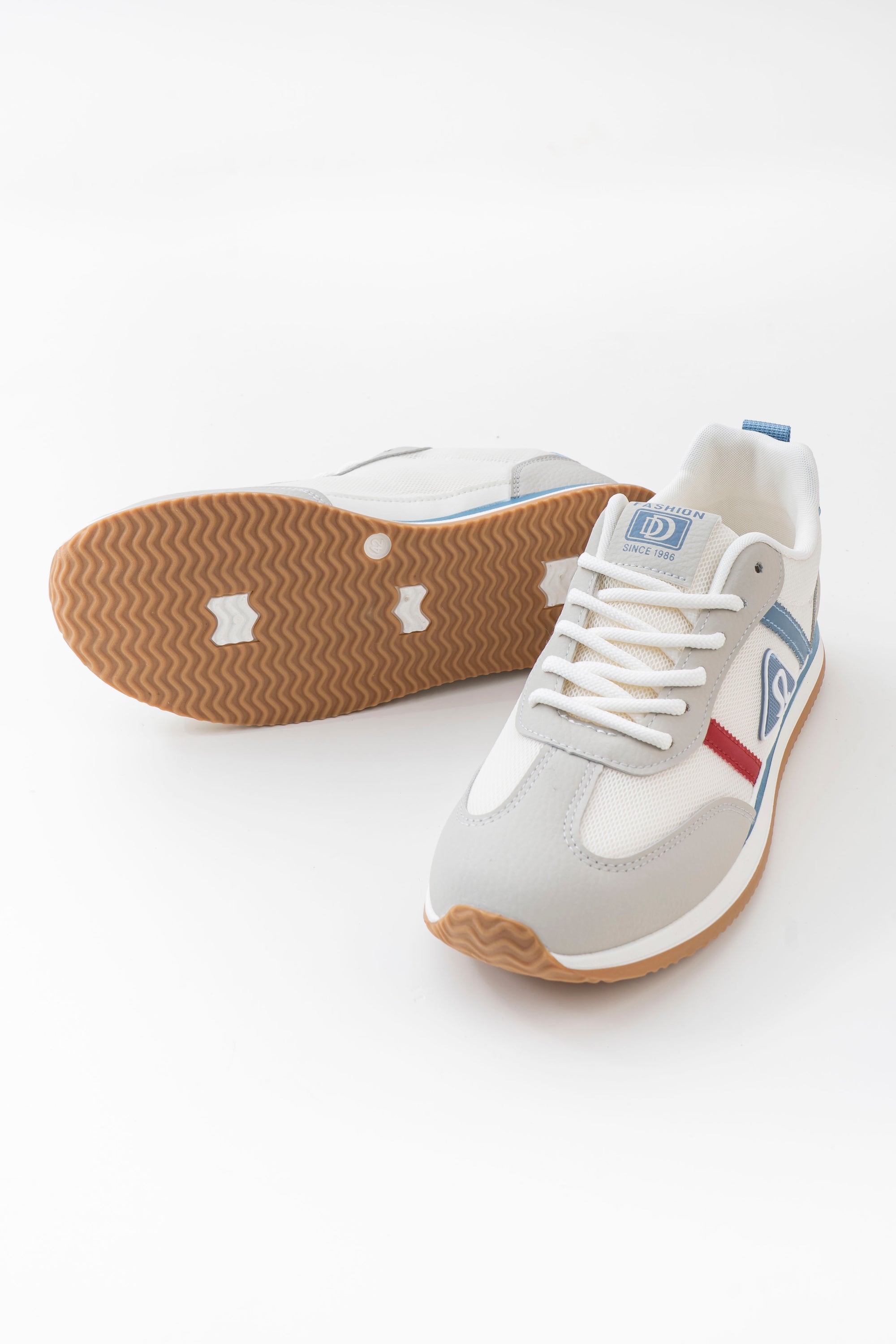 Men's White & Grey Retro Sneakers with Blue & Red Accents