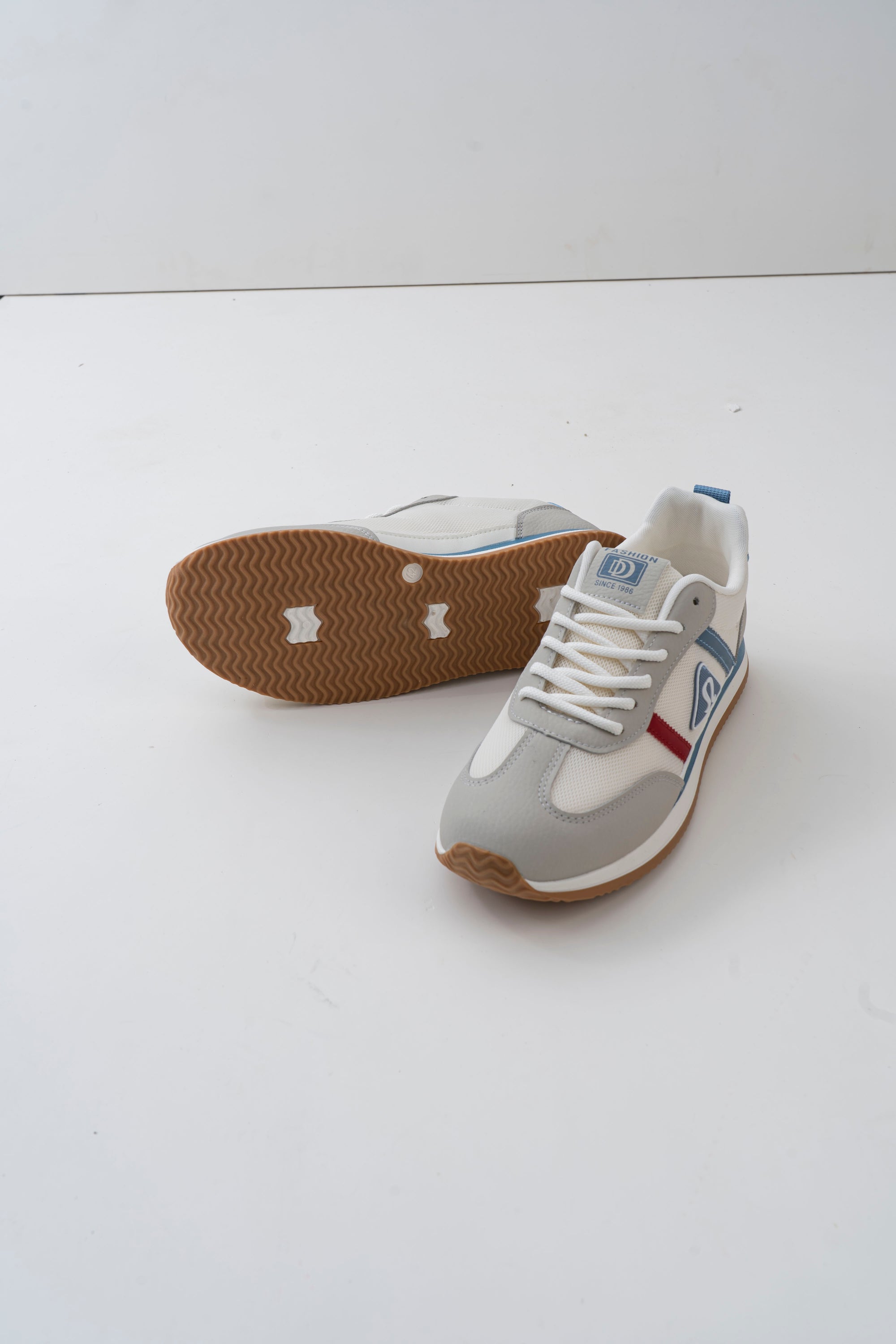 Men's White & Grey Retro Sneakers with Blue & Red Accents