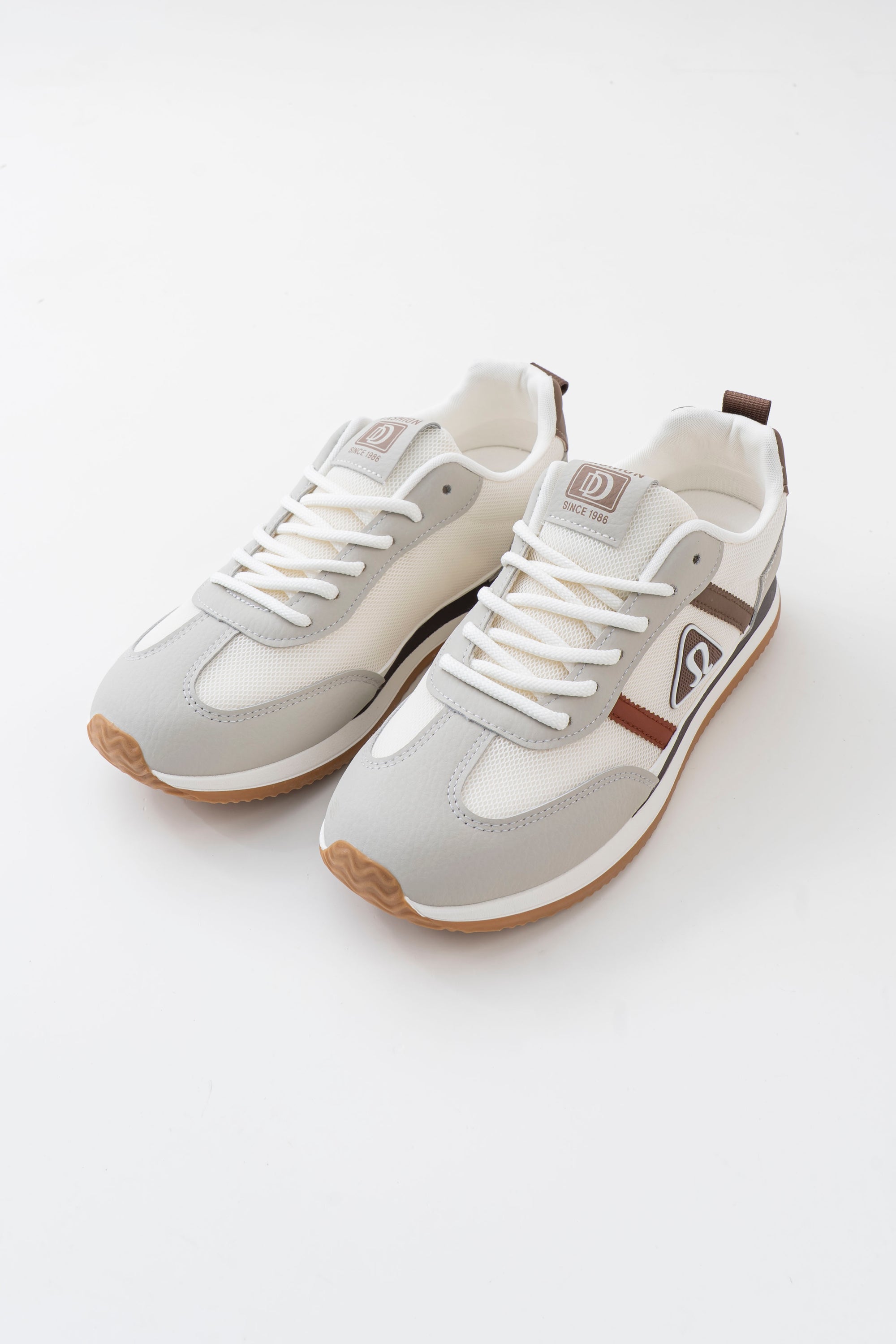 Men's White & Grey Retro Sneakers with Brown Side Stripes