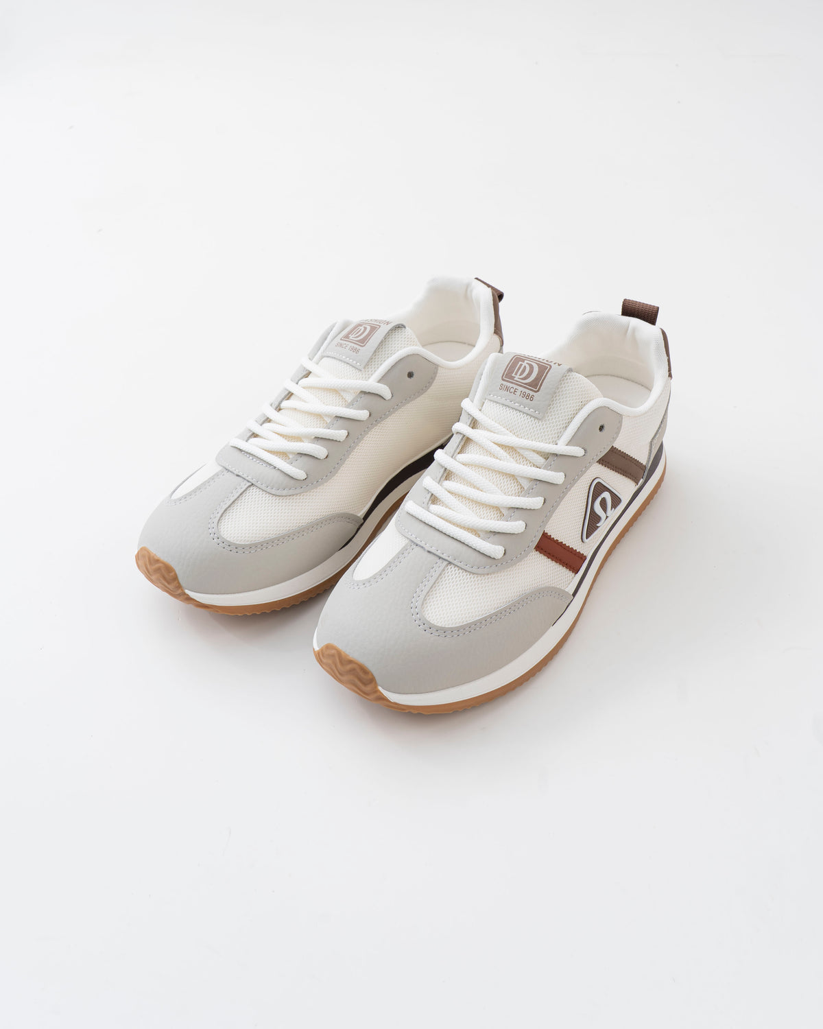 Men's White & Grey Retro Sneakers with Brown Side Stripes