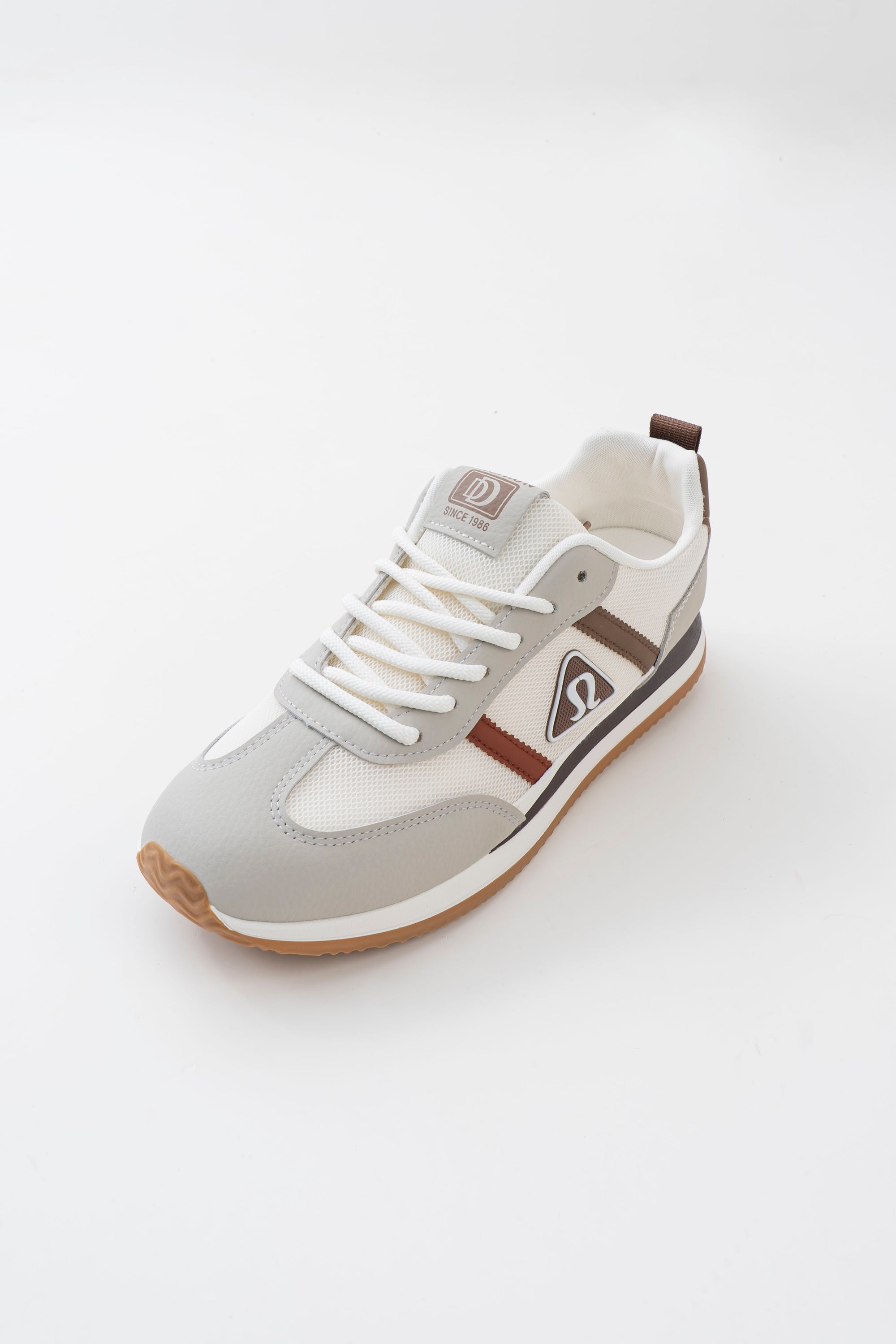 Men's White & Grey Retro Sneakers with Brown Side Stripes