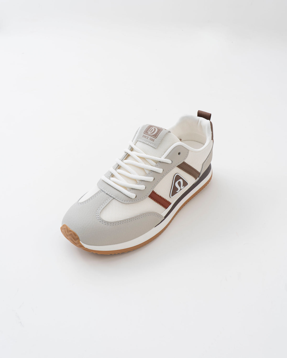 Men's White & Grey Retro Sneakers with Brown Side Stripes