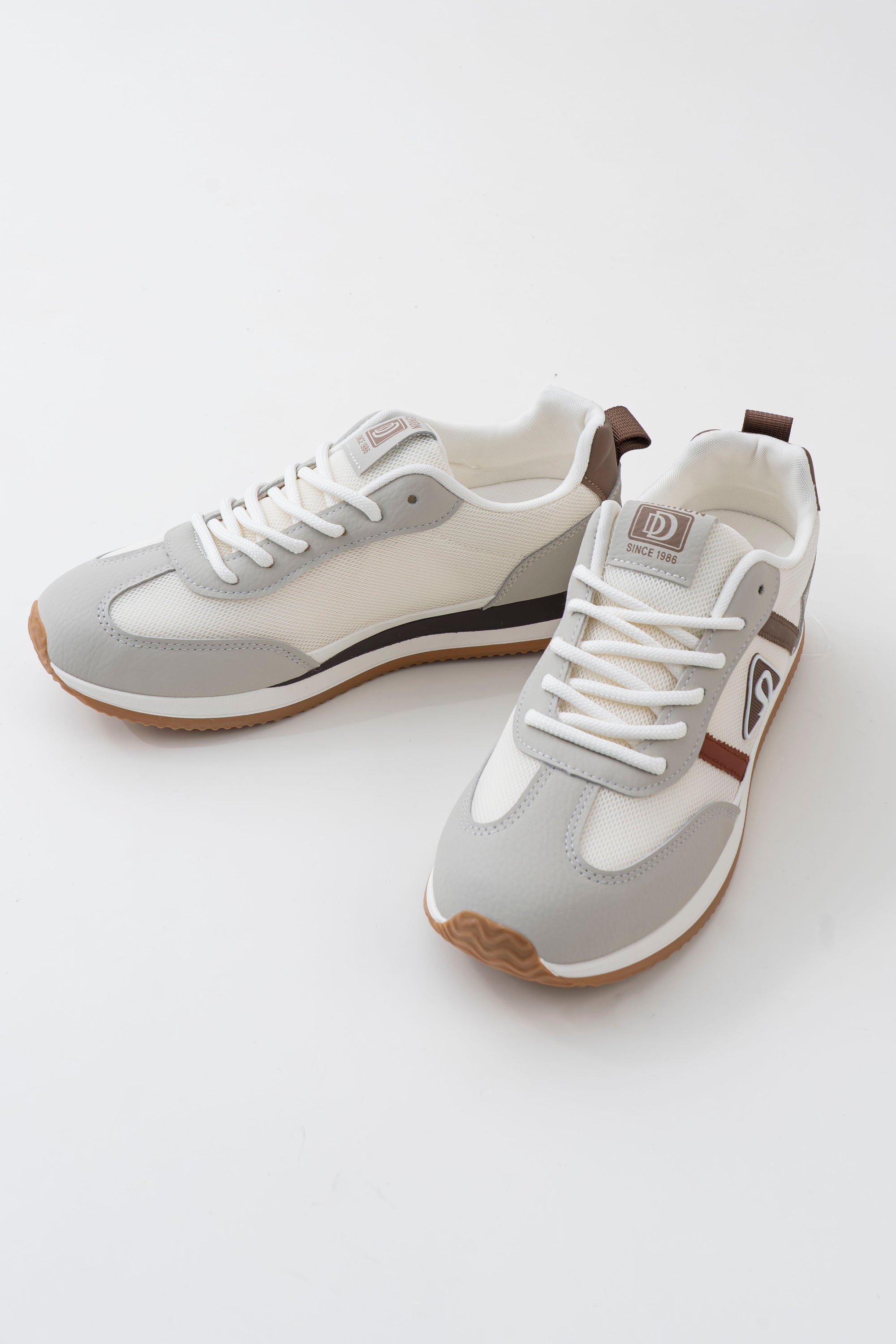 Men's White & Grey Retro Sneakers with Brown Side Stripes