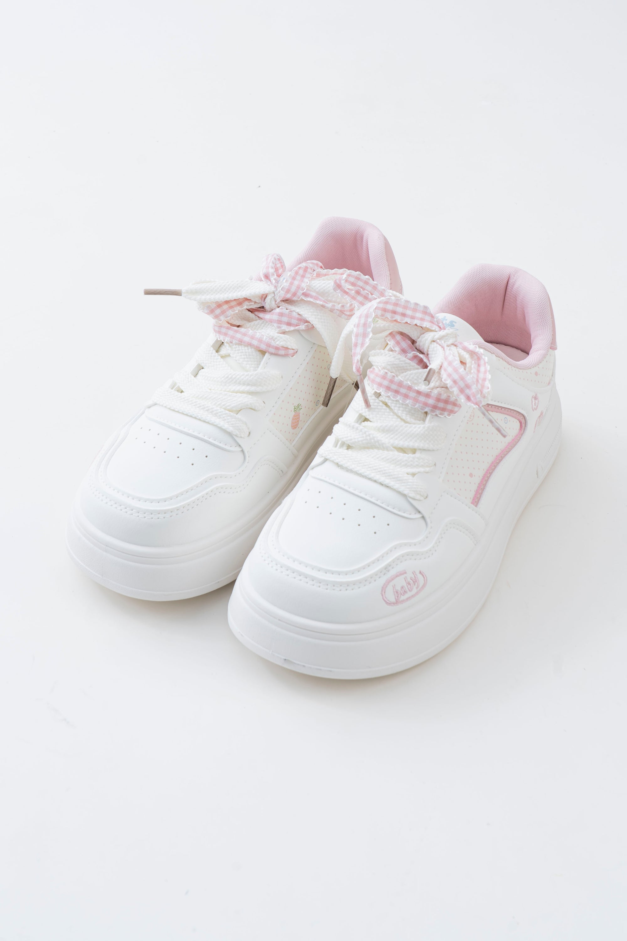 Women's White & Pink Platform Sneakers with Ribbon Bows