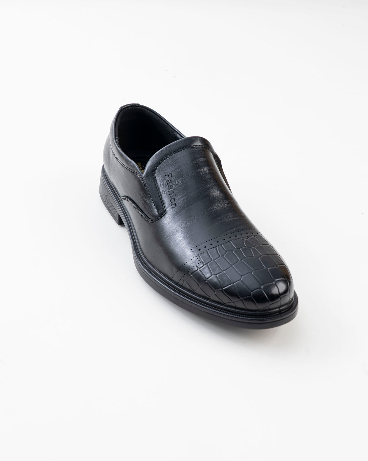 Front view of black croc-pattern slip-on formal shoe