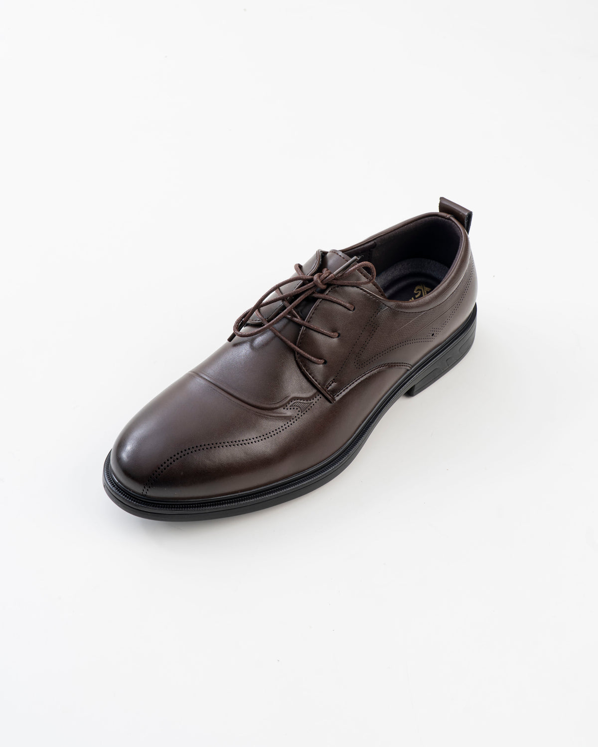 Front view of brown brogue-detail formal shoe