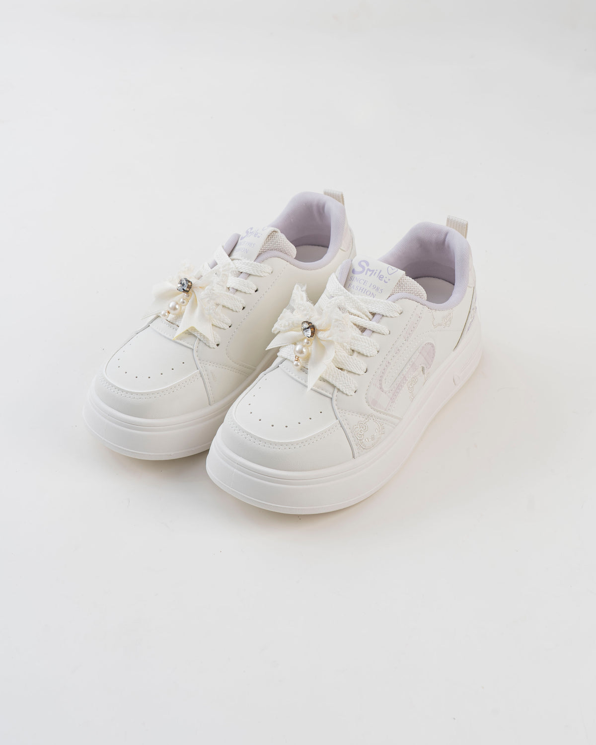 Women's White & Purple Bow Platform Sneakers