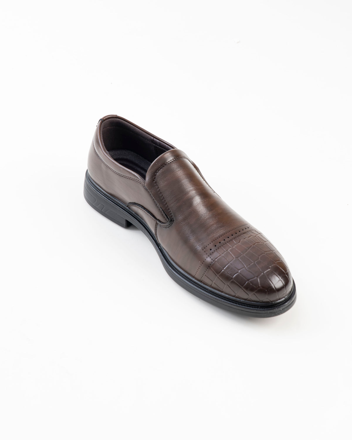 Front view of brown croc-pattern slip-on formal shoe
