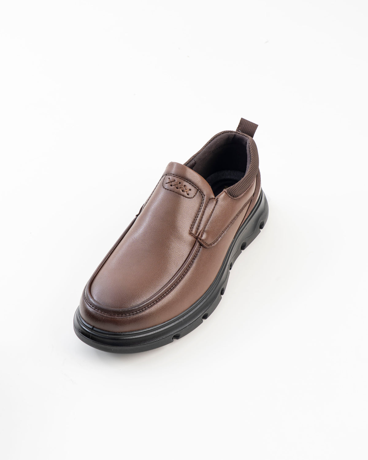 Front view of brown slip-on casual shoe
