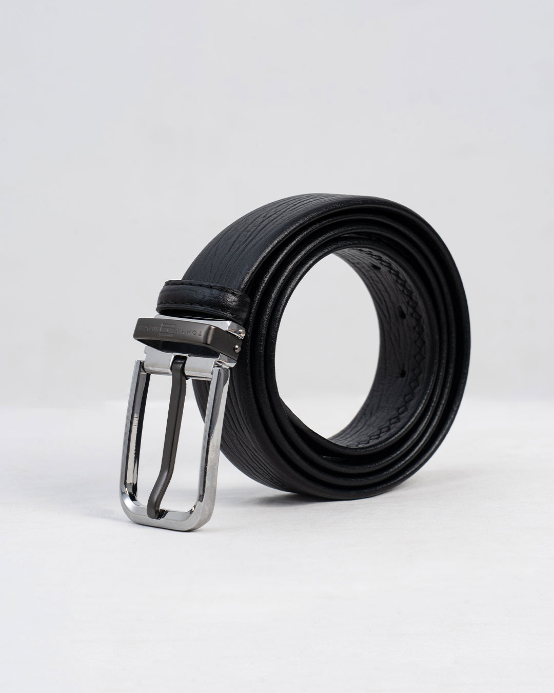 Black Textured Belt with Silver-Tone Buckle