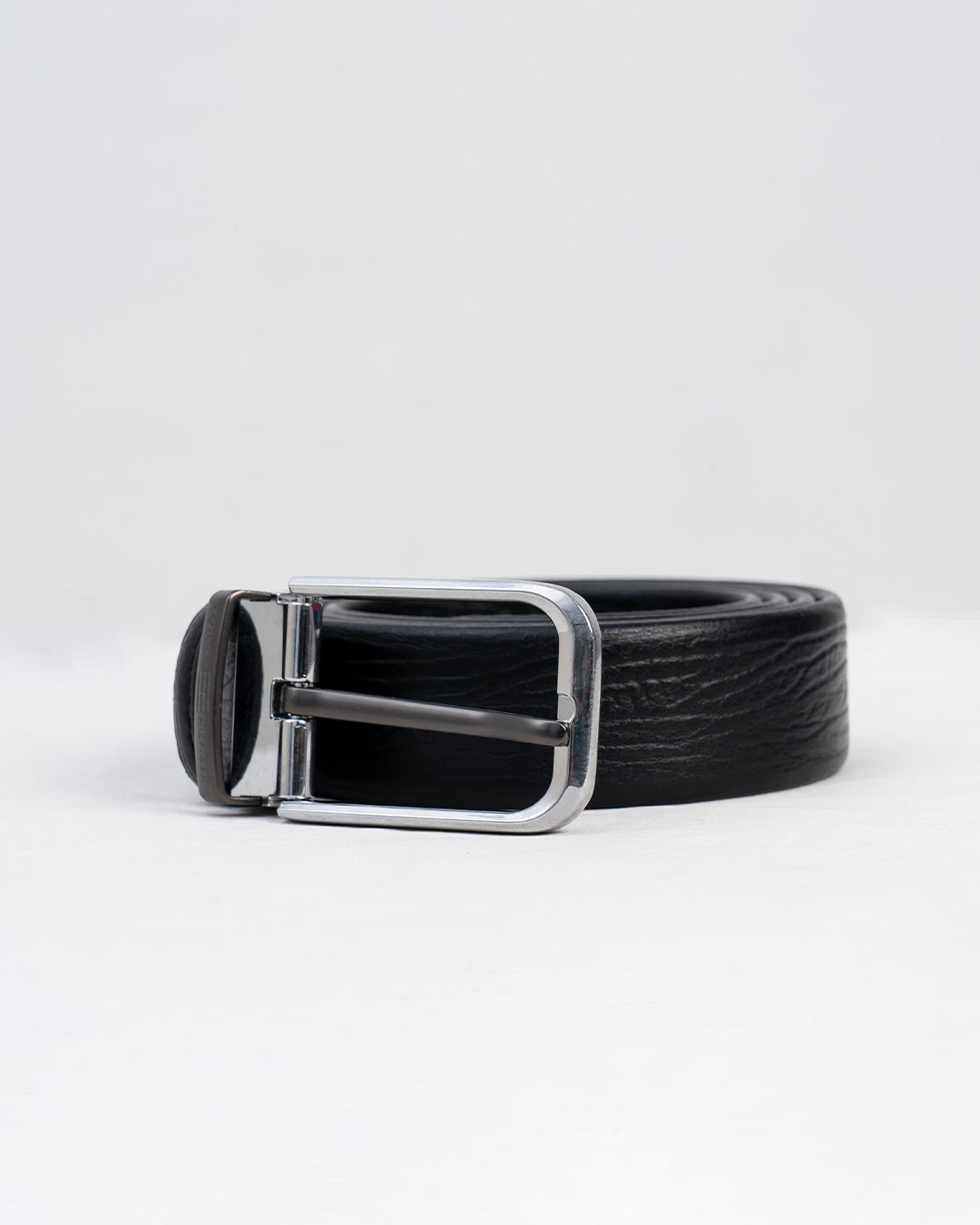 Black Textured Belt with Silver-Tone Buckle