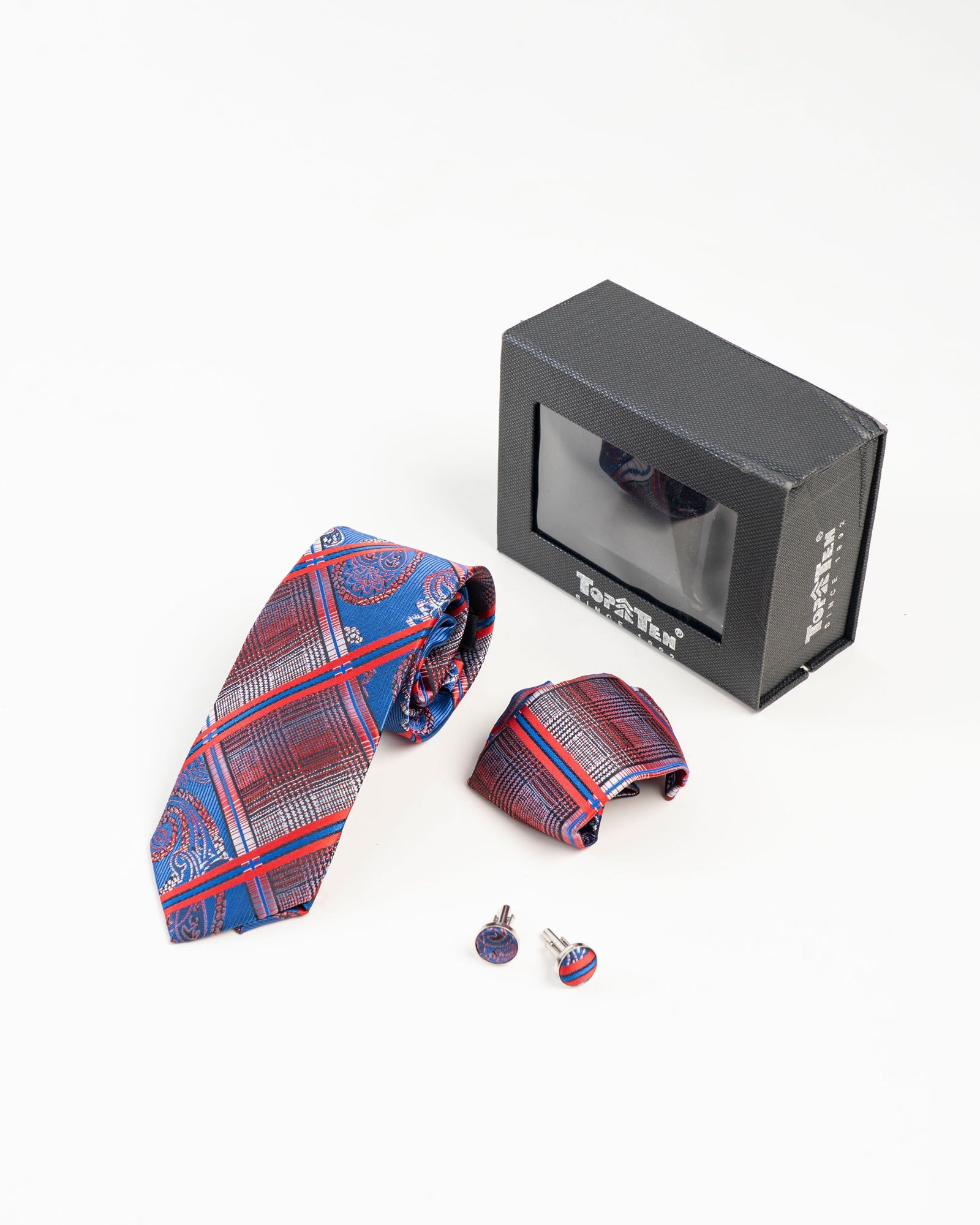 Blue & Red Plaid Paisley Patterned Tie Set