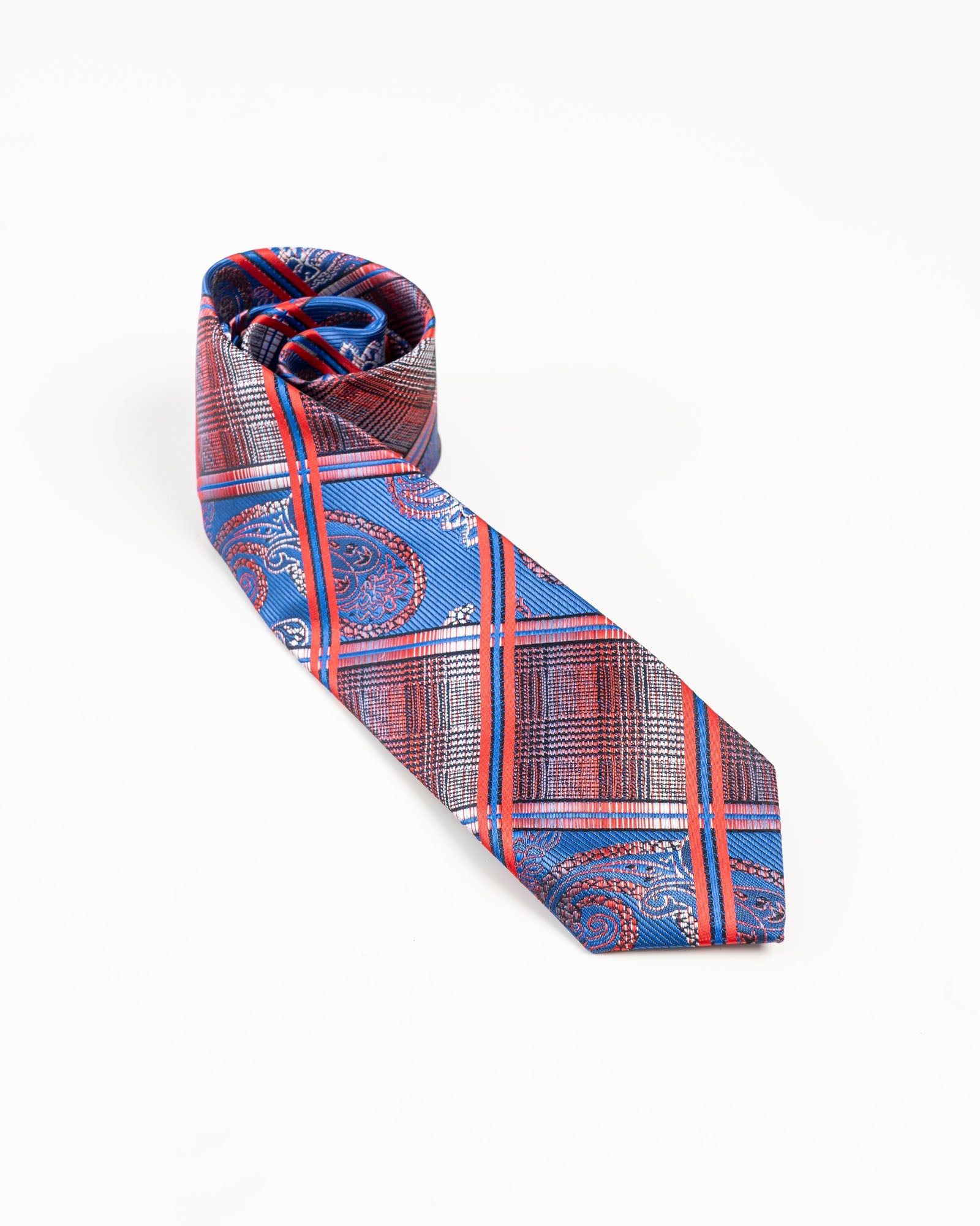 Blue & Red Plaid Paisley Patterned Tie Set