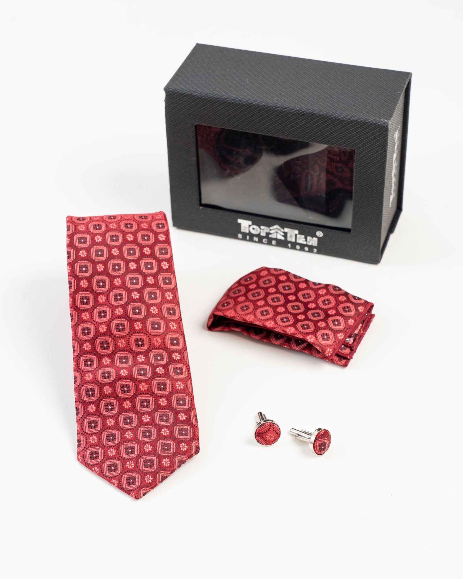 Red Geometric Diamond Patterned Tie Set